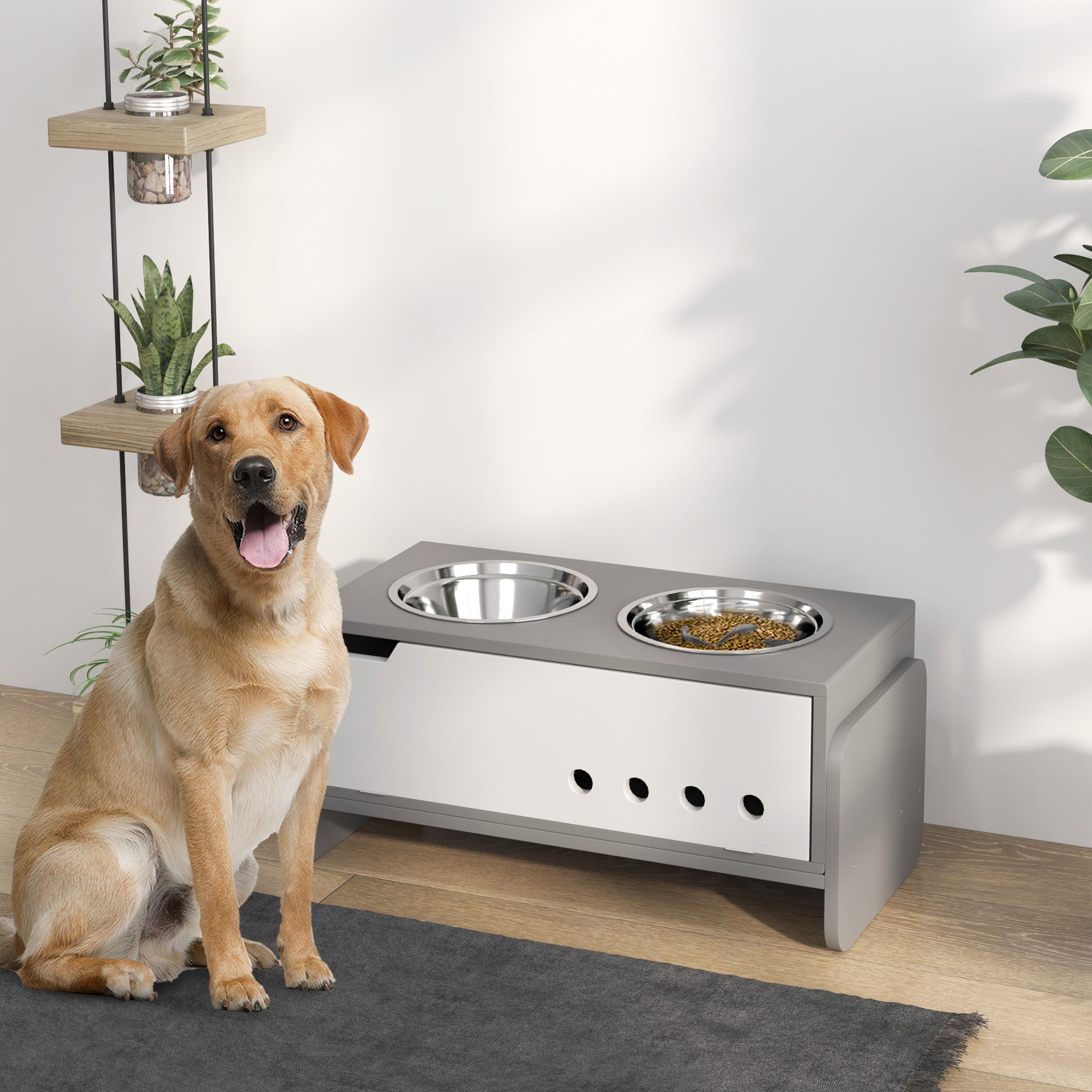 Elevated Dog Bowl Height Adjustable Feeding Bowl with Storage Water Bowl 2 x 2000ml Stainless Steel Bowls Slow Feeding Bowl Adjustable Feeder Feeding Station for Large Dogs Cats Gray