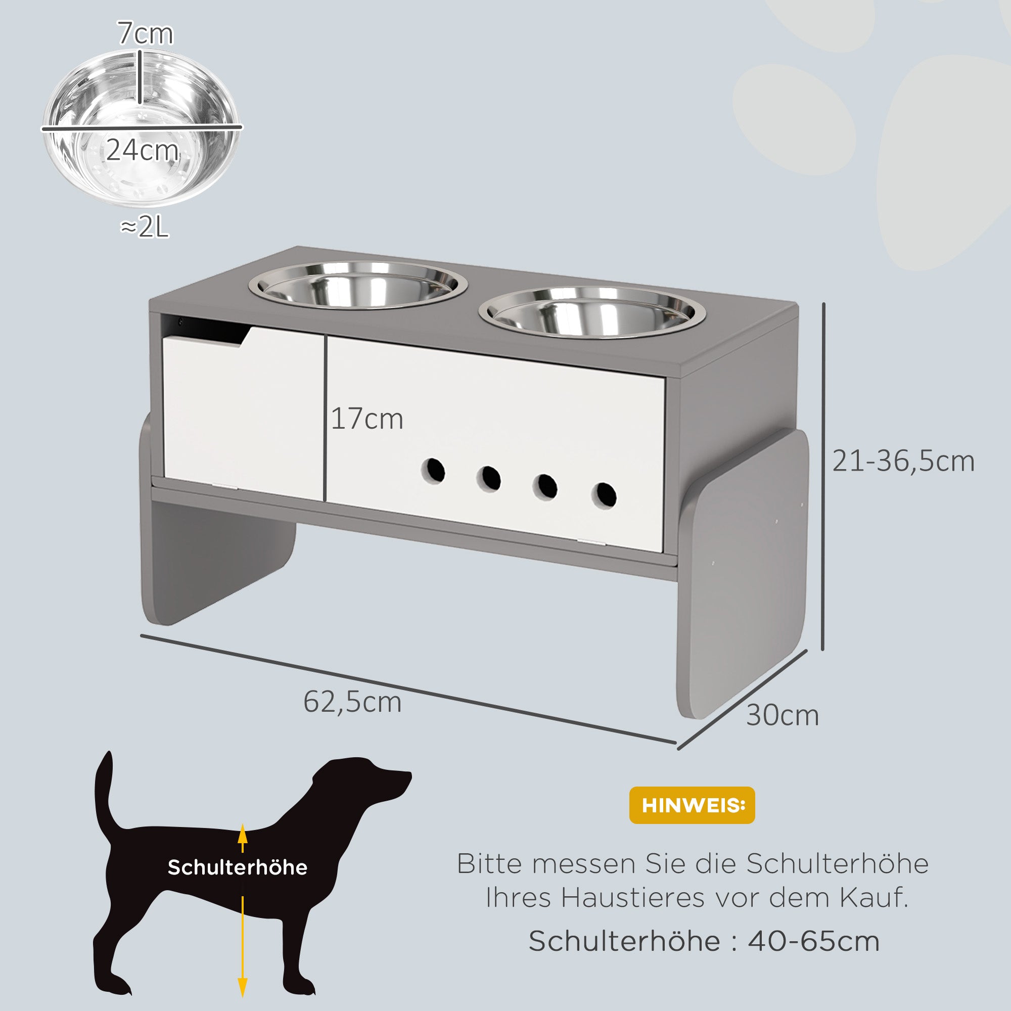 Elevated Dog Bowl Height Adjustable Feeding Bowl with Storage Water Bowl 2 x 2000ml Stainless Steel Bowls Slow Feeding Bowl Adjustable Feeder Feeding Station for Large Dogs Cats Gray