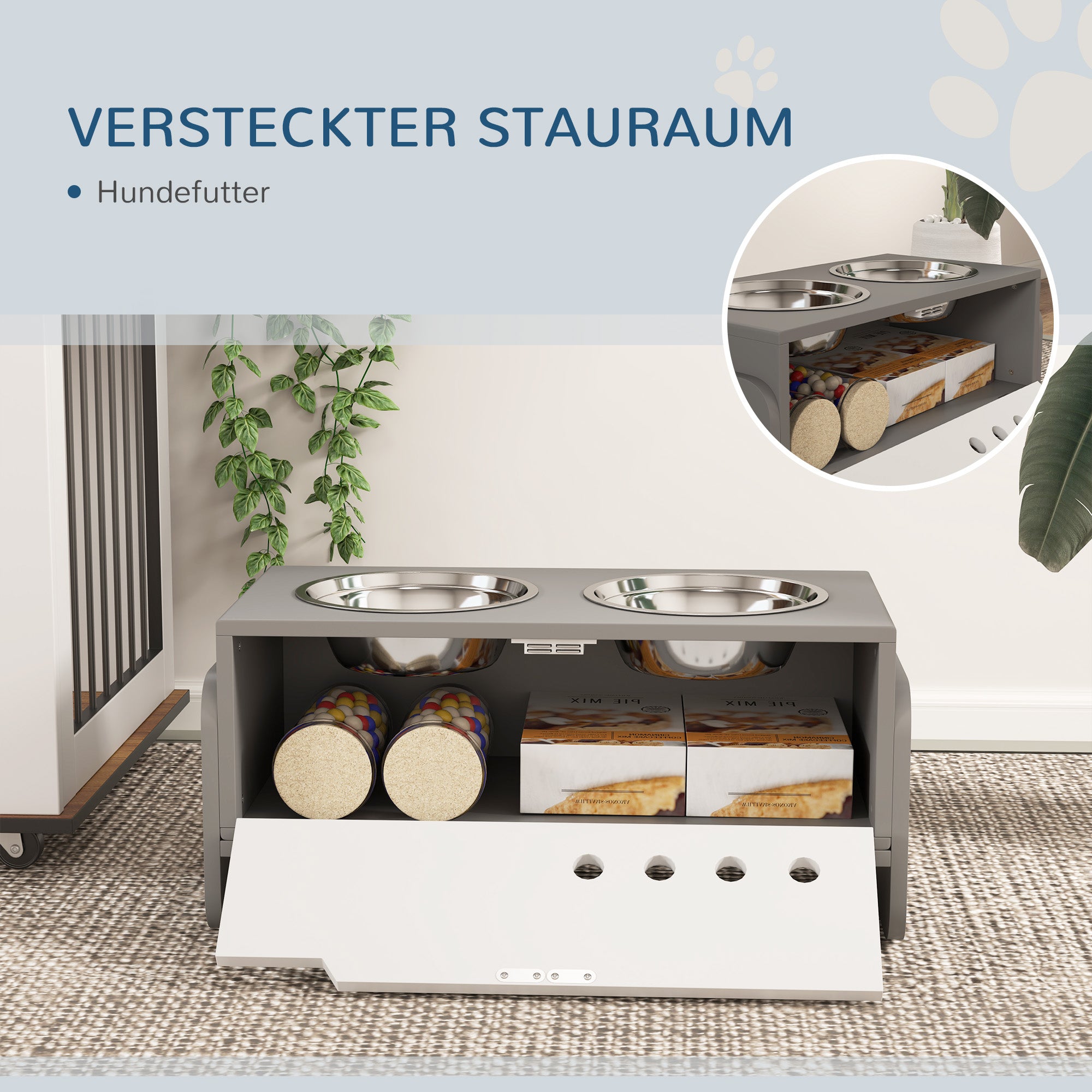 Elevated Dog Bowl Height Adjustable Feeding Bowl with Storage Water Bowl 2 x 2000ml Stainless Steel Bowls Slow Feeding Bowl Adjustable Feeder Feeding Station for Large Dogs Cats Gray