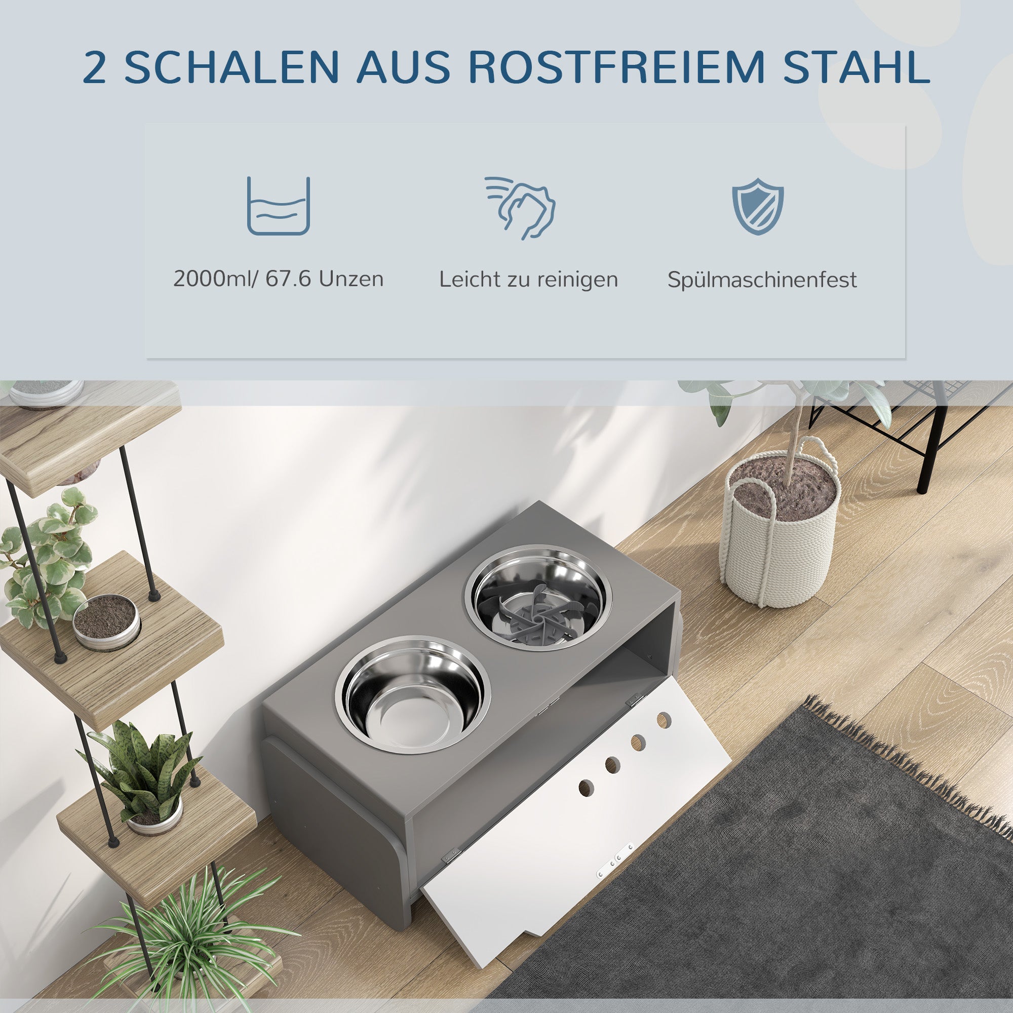Elevated Dog Bowl Height Adjustable Feeding Bowl with Storage Water Bowl 2 x 2000ml Stainless Steel Bowls Slow Feeding Bowl Adjustable Feeder Feeding Station for Large Dogs Cats Gray