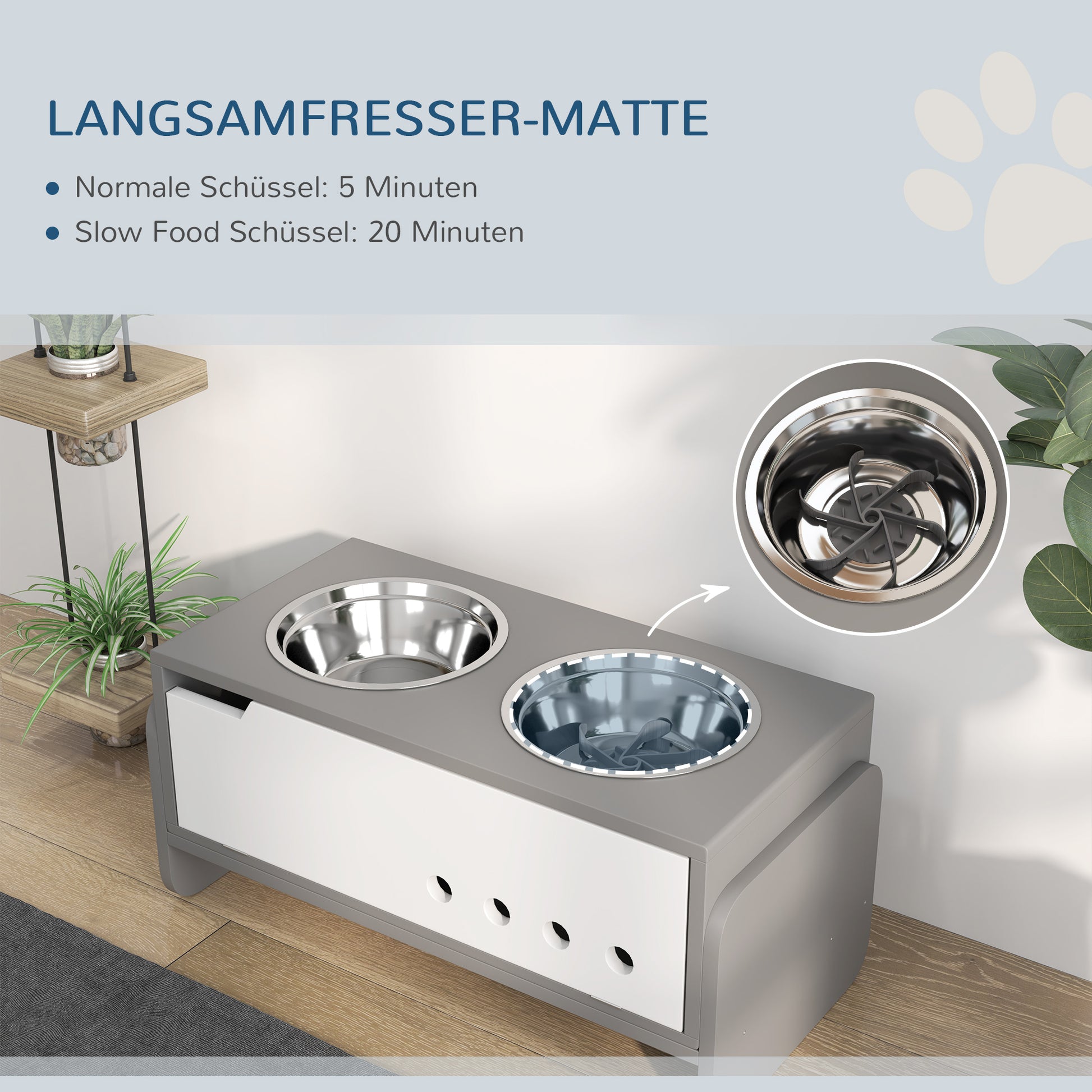 Elevated Dog Bowl Height Adjustable Feeding Bowl with Storage Water Bowl 2 x 2000ml Stainless Steel Bowls Slow Feeding Bowl Adjustable Feeder Feeding Station for Large Dogs Cats Gray
