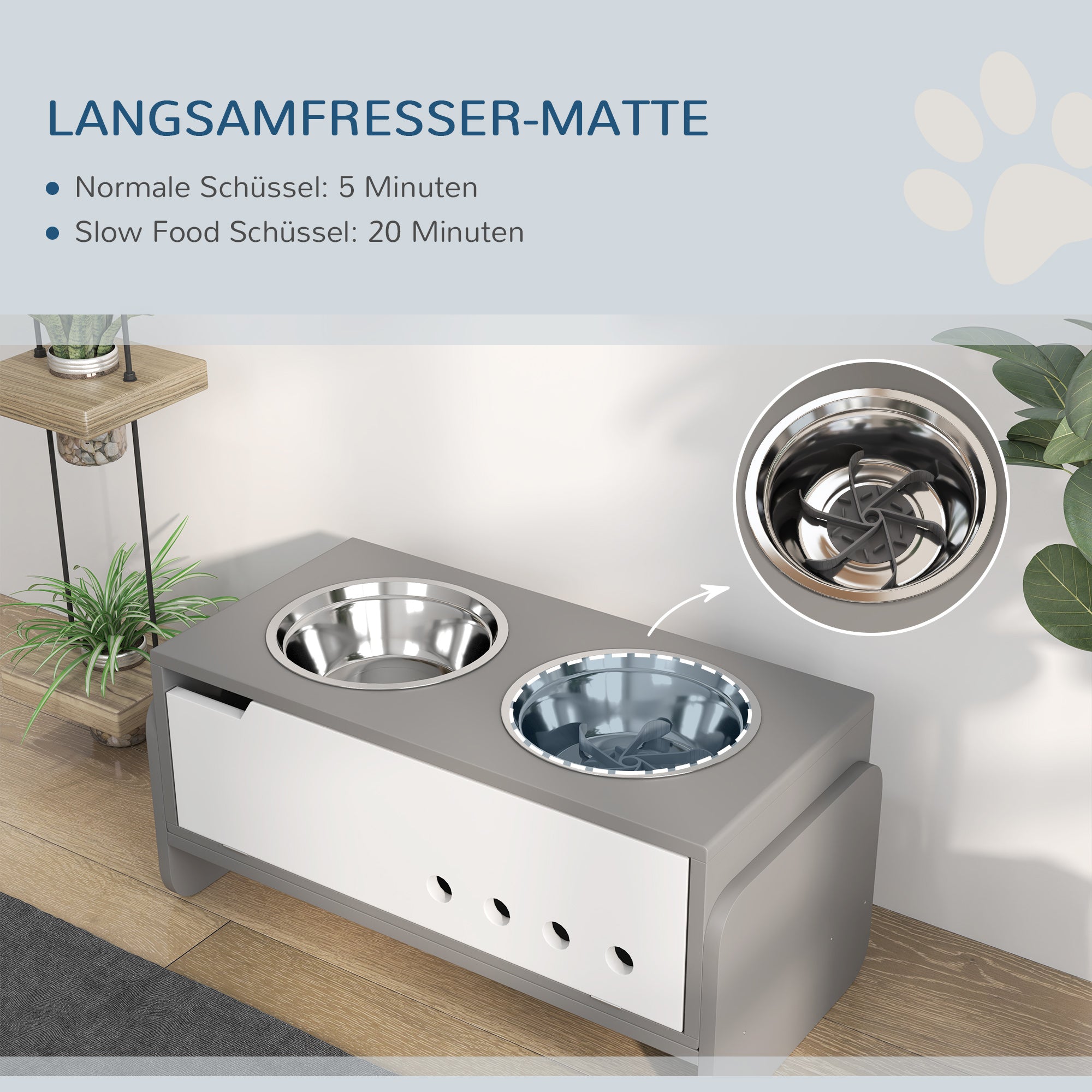 Elevated Dog Bowl Height Adjustable Feeding Bowl with Storage Water Bowl 2 x 2000ml Stainless Steel Bowls Slow Feeding Bowl Adjustable Feeder Feeding Station for Large Dogs Cats Gray