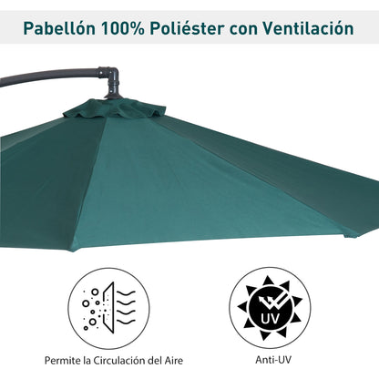 Garden Umbrella Ø300x250 cm Cantilever Reclining Parasol with Crank Cross Base and Steel Support 8 Rods for Outdoor Terrace Balcony Dark Green