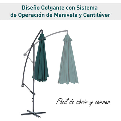 Garden Umbrella Ø300x250 cm Cantilever Reclining Parasol with Crank Cross Base and Steel Support 8 Rods for Outdoor Terrace Balcony Dark Green