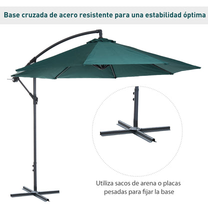 Garden Umbrella Ø300x250 cm Cantilever Reclining Parasol with Crank Cross Base and Steel Support 8 Rods for Outdoor Terrace Balcony Dark Green