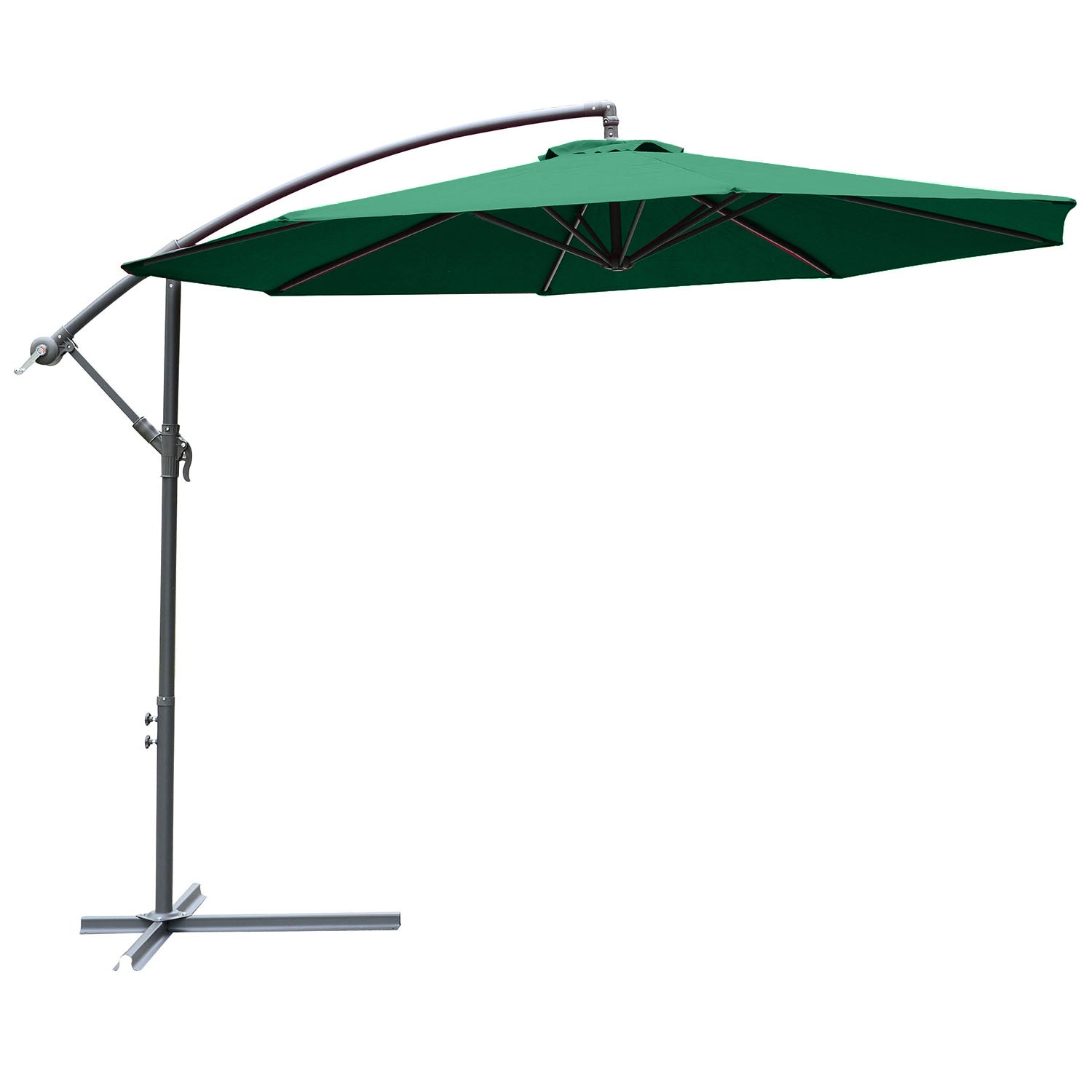 Garden Umbrella Ø300x250 cm Cantilever Reclining Parasol with Crank Cross Base and Steel Support 8 Rods for Outdoor Terrace Balcony Dark Green