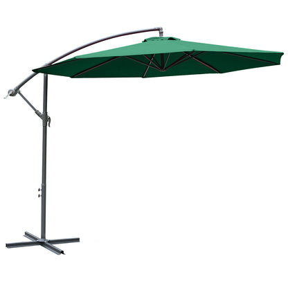 Garden Umbrella Ø300x250 cm Cantilever Reclining Parasol with Crank Cross Base and Steel Support 8 Rods for Outdoor Terrace Balcony Dark Green
