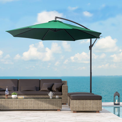 Garden Umbrella Ø300x250 cm Cantilever Reclining Parasol with Crank Cross Base and Steel Support 8 Rods for Outdoor Terrace Balcony Dark Green