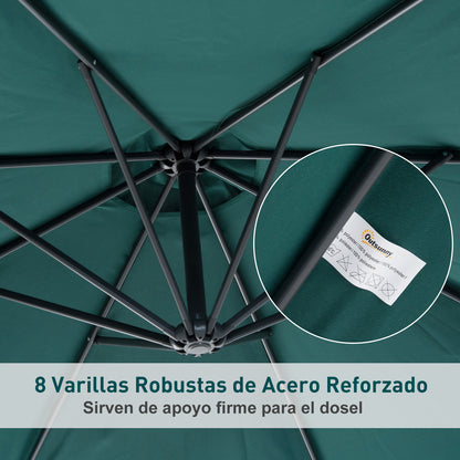 Garden Umbrella Ø300x250 cm Cantilever Reclining Parasol with Crank Cross Base and Steel Support 8 Rods for Outdoor Terrace Balcony Dark Green