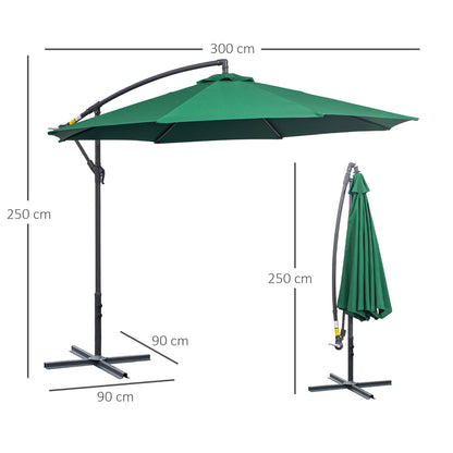 Garden Umbrella Ø300x250 cm Cantilever Reclining Parasol with Crank Cross Base and Steel Support 8 Rods for Outdoor Terrace Balcony Dark Green