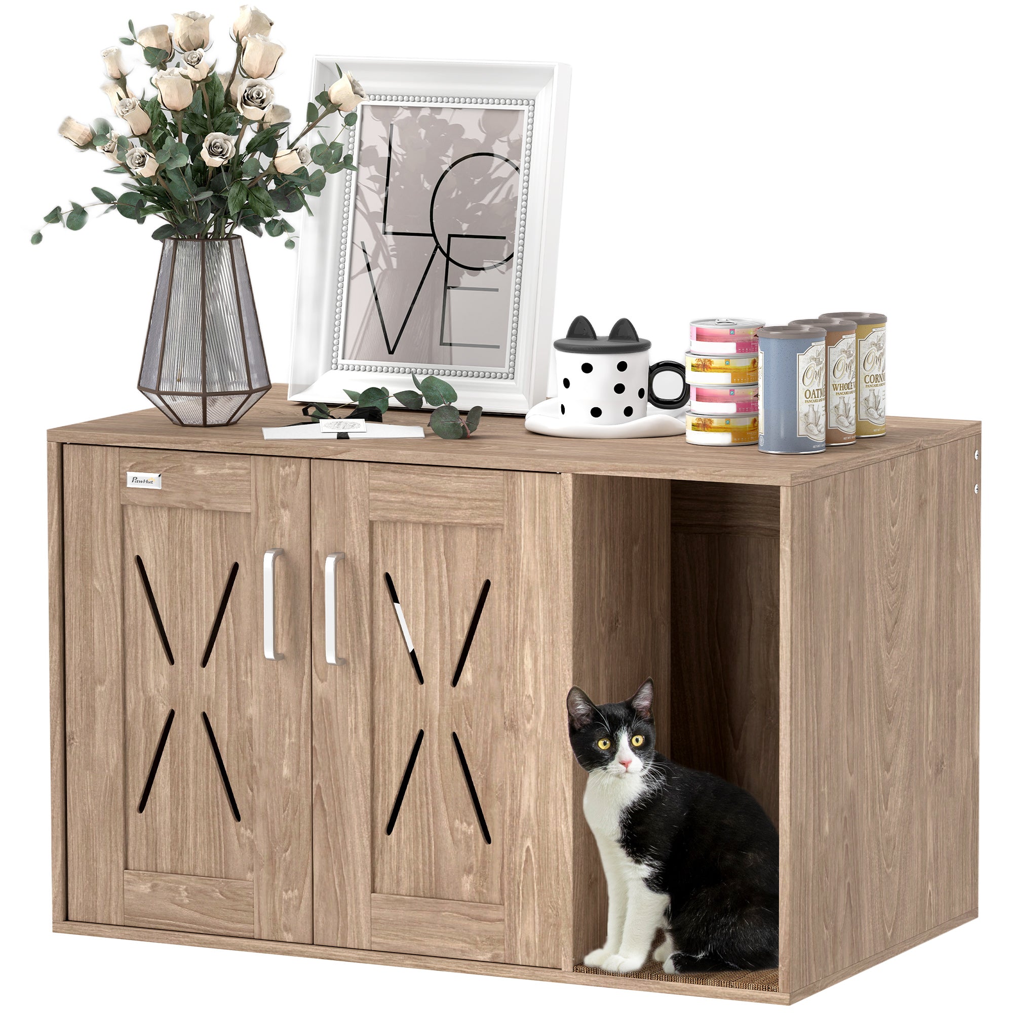 Cat Litter Box Furniture 3 in 1 Nest Side Table Cat Litter Box with Doors Scratching Mat and Compartment for Living Room Bedroom 80x48x50.5 cm Brown