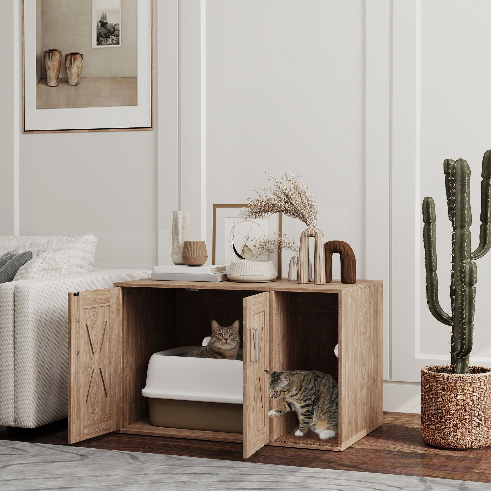 Cat Litter Box Furniture 3 in 1 Nest Side Table Cat Litter Box with Doors Scratching Mat and Compartment for Living Room Bedroom 80x48x50.5 cm Brown