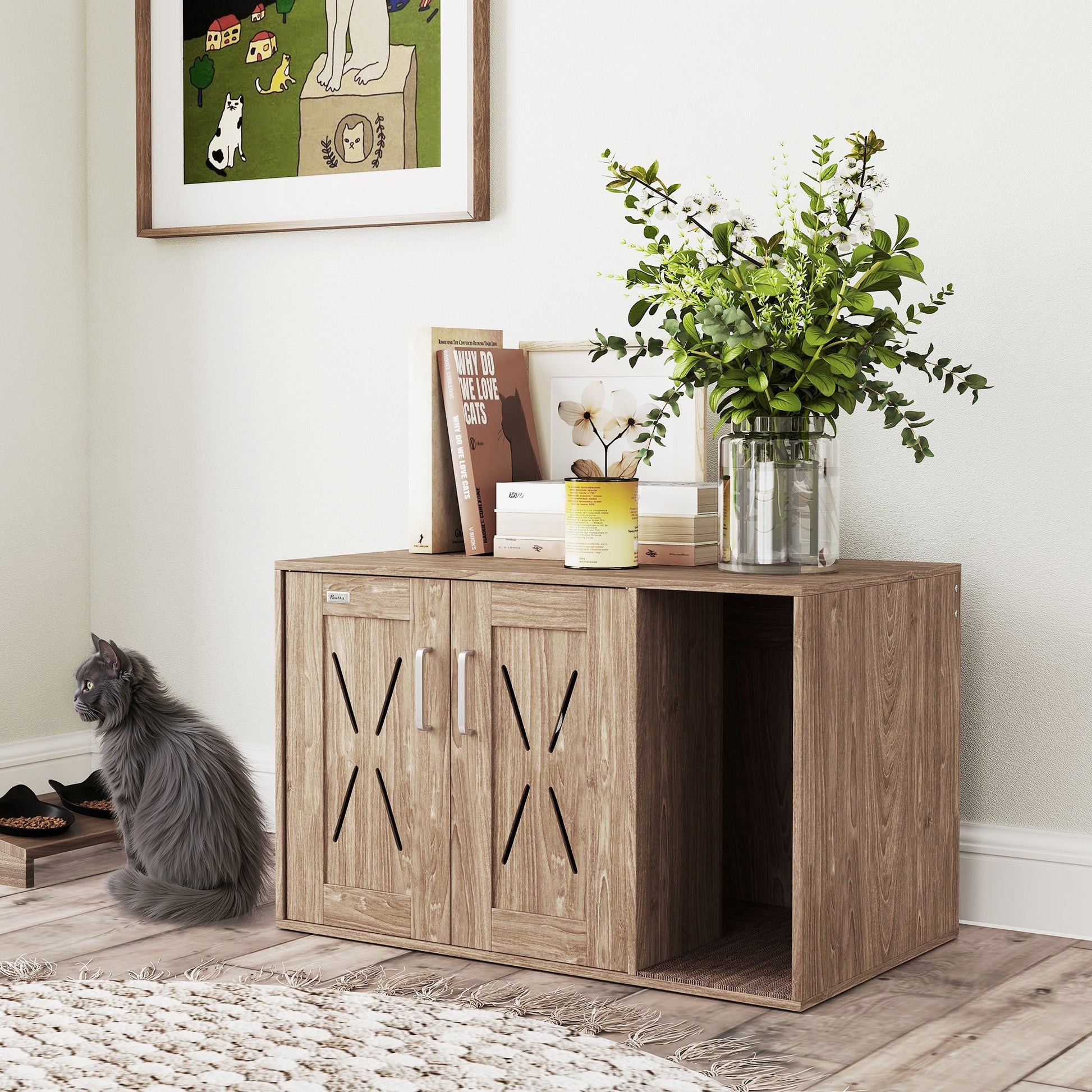 Cat Litter Box Furniture 3 in 1 Nest Side Table Cat Litter Box with Doors Scratching Mat and Compartment for Living Room Bedroom 80x48x50.5 cm Brown