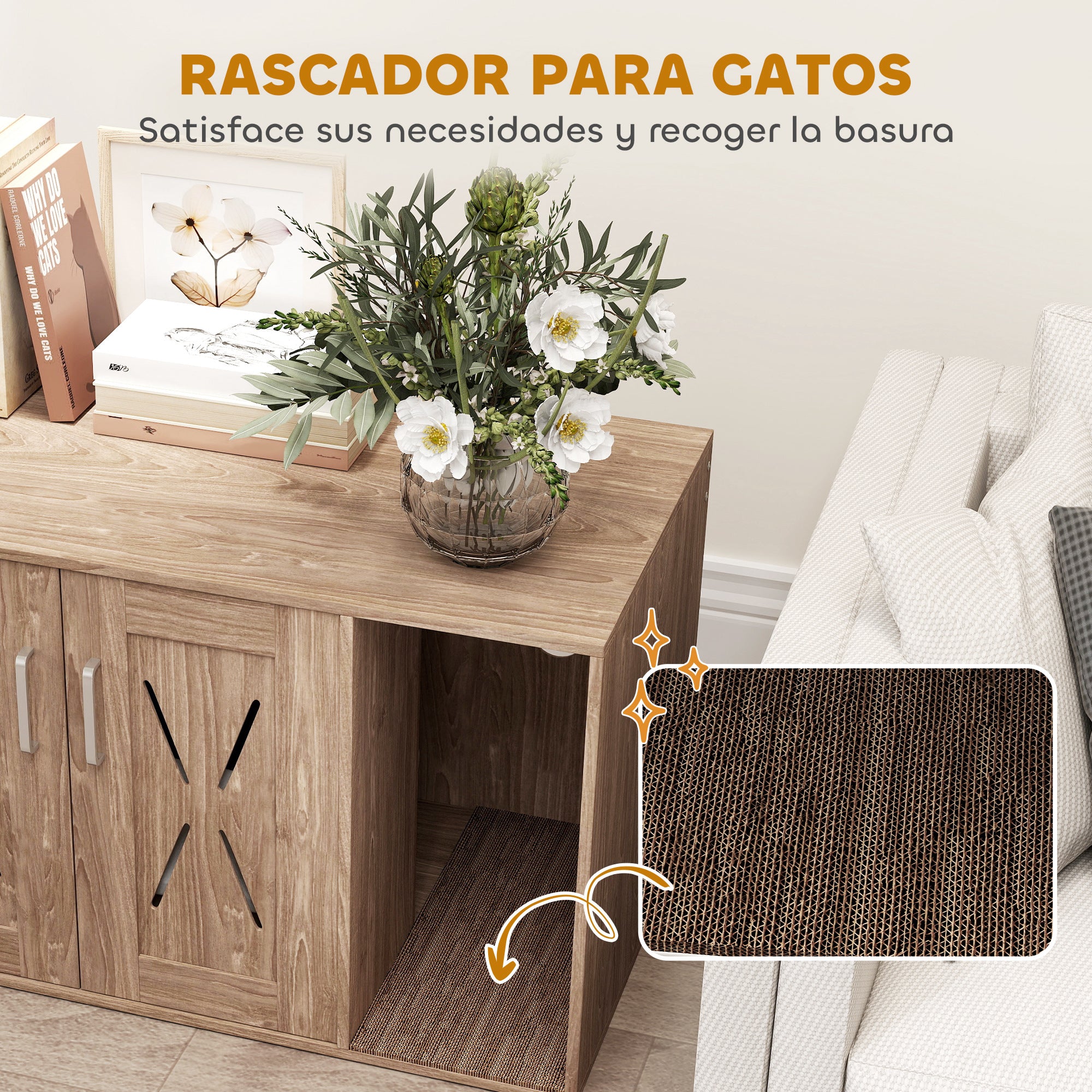 Cat Litter Box Furniture 3 in 1 Nest Side Table Cat Litter Box with Doors Scratching Mat and Compartment for Living Room Bedroom 80x48x50.5 cm Brown