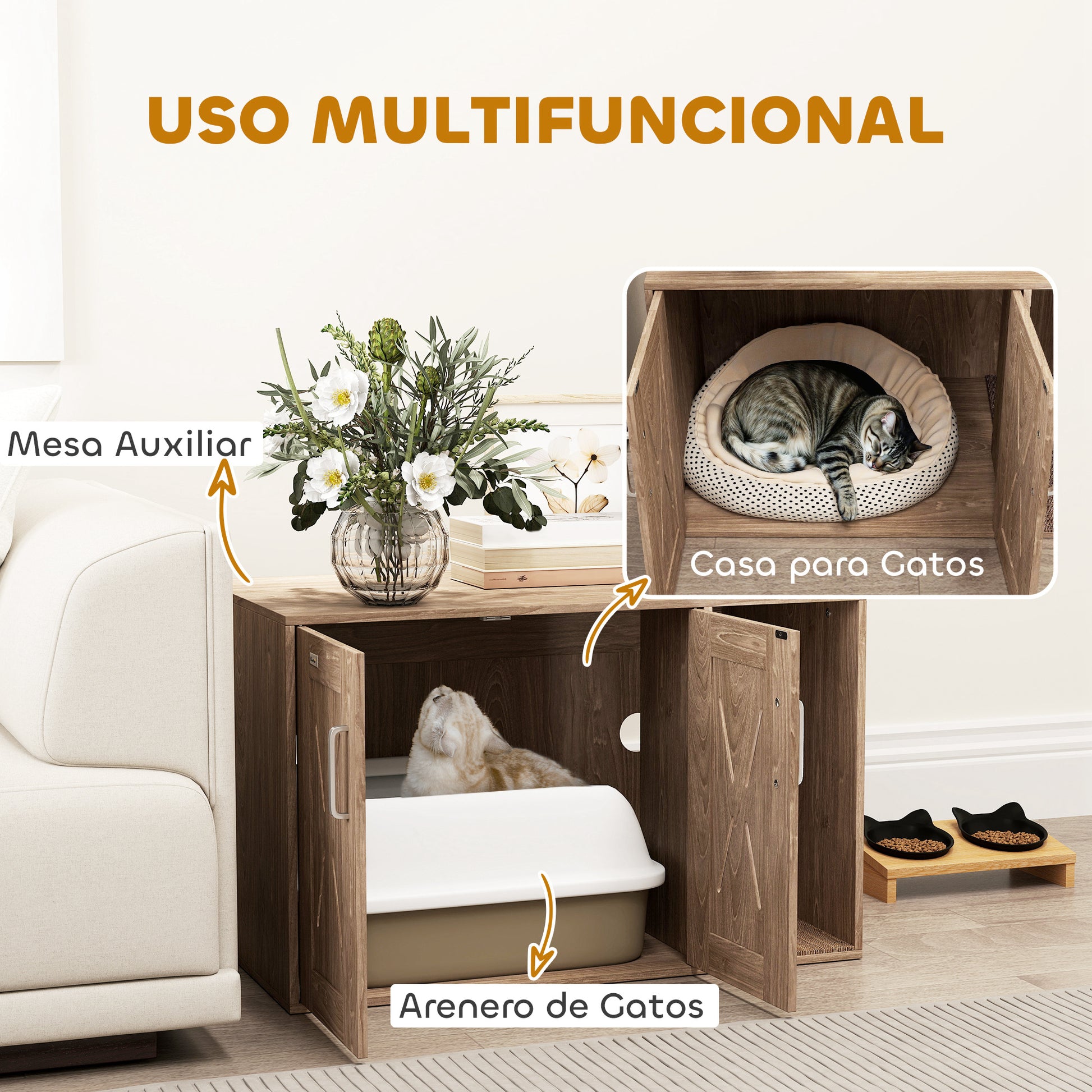 Cat Litter Box Furniture 3 in 1 Nest Side Table Cat Litter Box with Doors Scratching Mat and Compartment for Living Room Bedroom 80x48x50.5 cm Brown