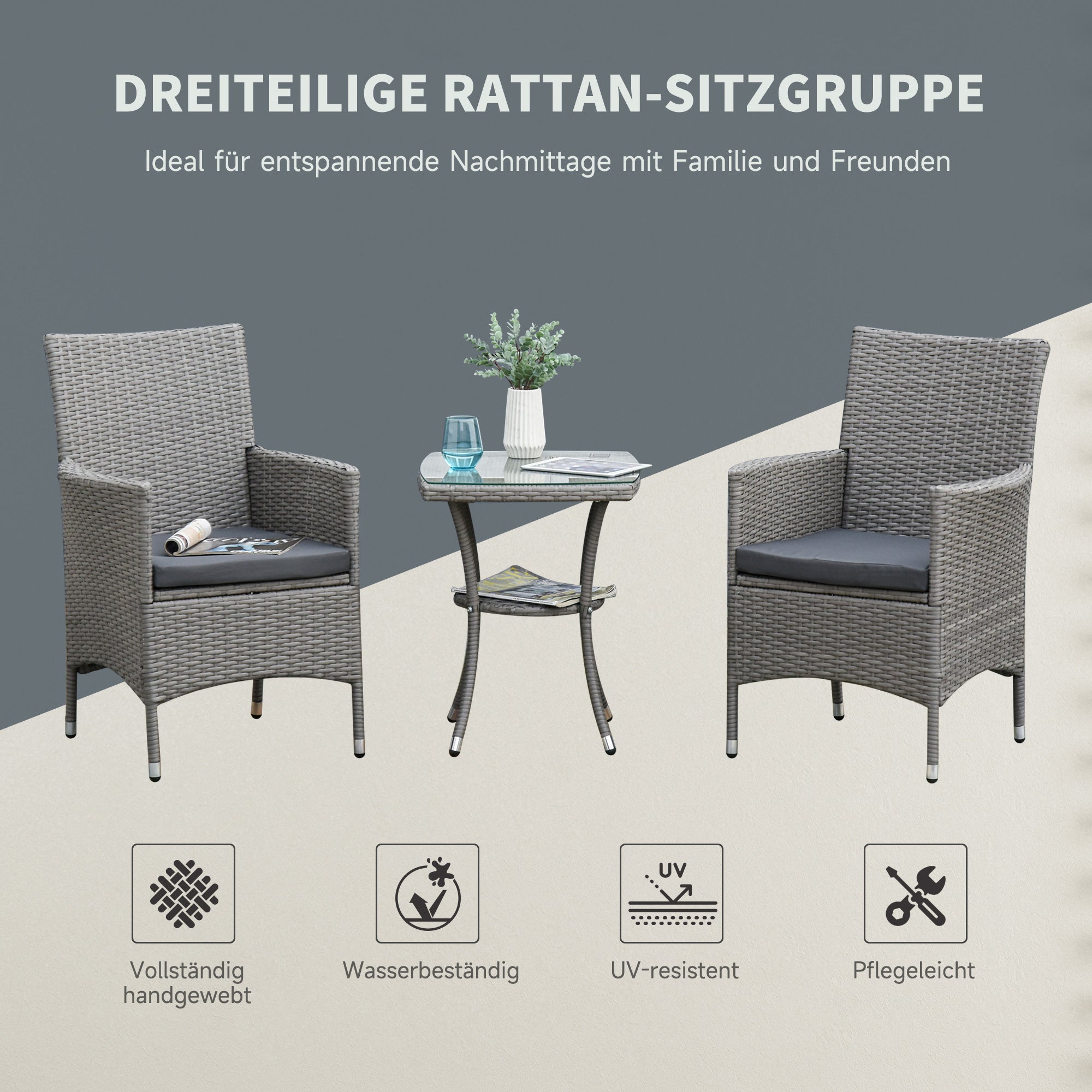 Poly Rattan Garden Furniture Set, Outdoor Lounge Balcony Furniture for 2 Persons, 3-Piece Seating Group, 2 Chairs, Table Seat Cushions, Garden Lounge for Garden, Terrace, Balcony, Gray