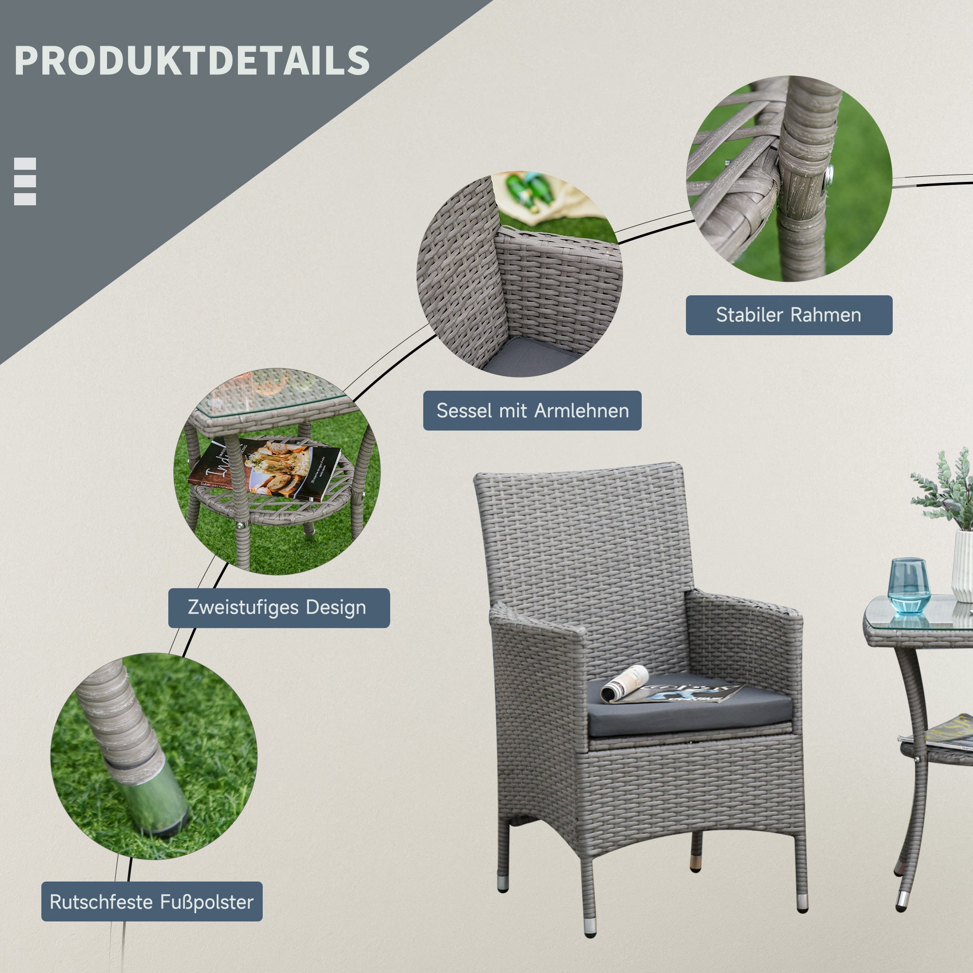 Poly Rattan Garden Furniture Set, Outdoor Lounge Balcony Furniture for 2 Persons, 3-Piece Seating Group, 2 Chairs, Table Seat Cushions, Garden Lounge for Garden, Terrace, Balcony, Gray