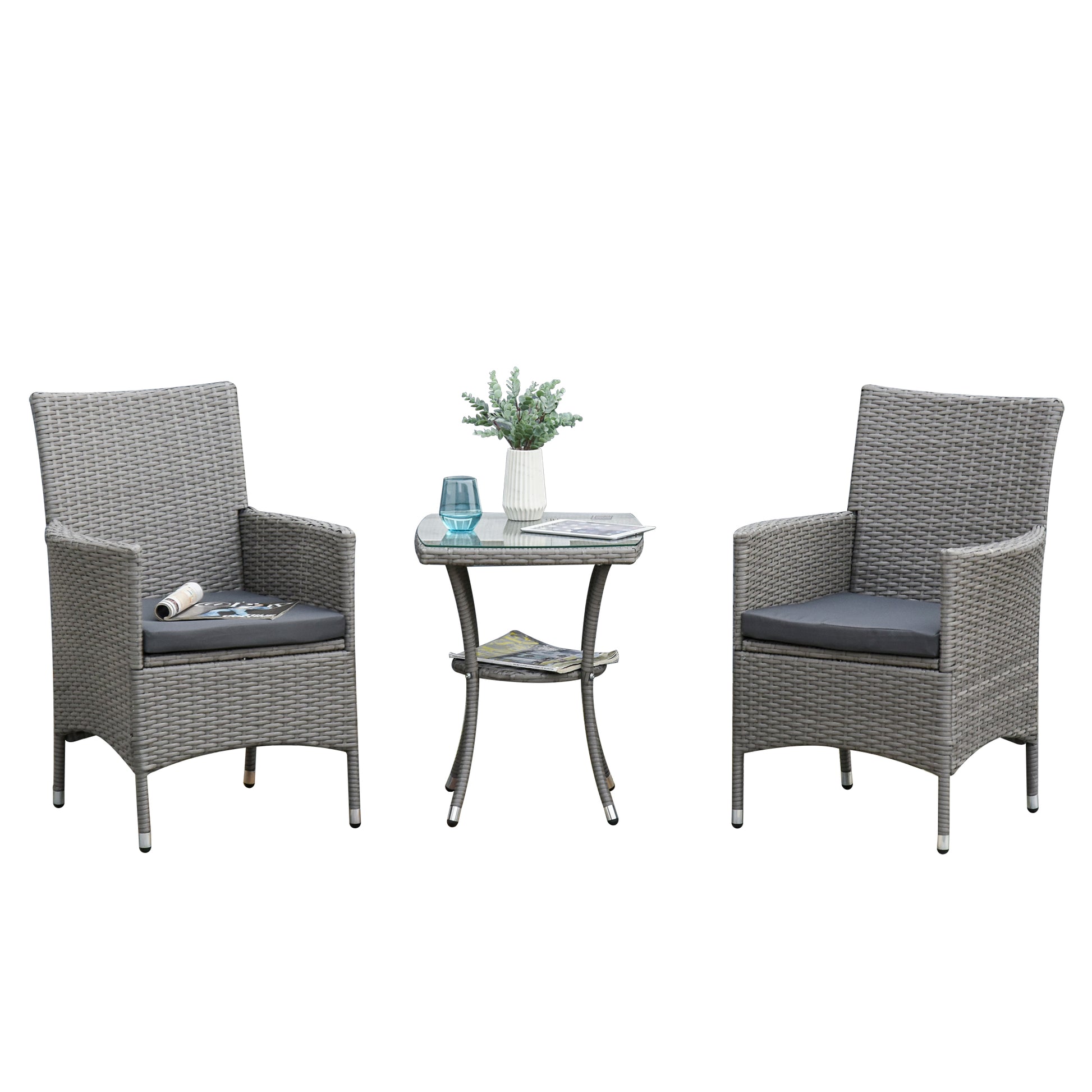 Poly Rattan Garden Furniture Set, Outdoor Lounge Balcony Furniture for 2 Persons, 3-Piece Seating Group, 2 Chairs, Table Seat Cushions, Garden Lounge for Garden, Terrace, Balcony, Gray