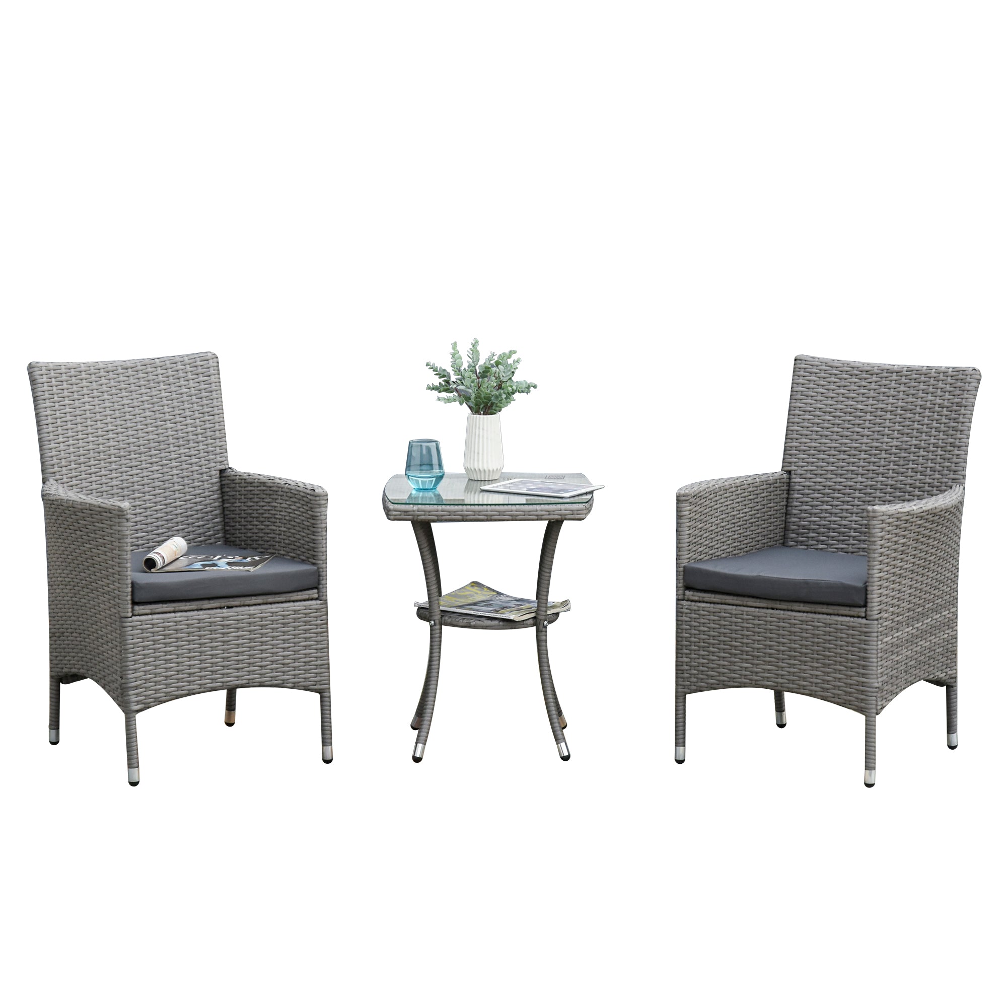 Poly Rattan Garden Furniture Set, Outdoor Lounge Balcony Furniture for 2 Persons, 3-Piece Seating Group, 2 Chairs, Table Seat Cushions, Garden Lounge for Garden, Terrace, Balcony, Gray