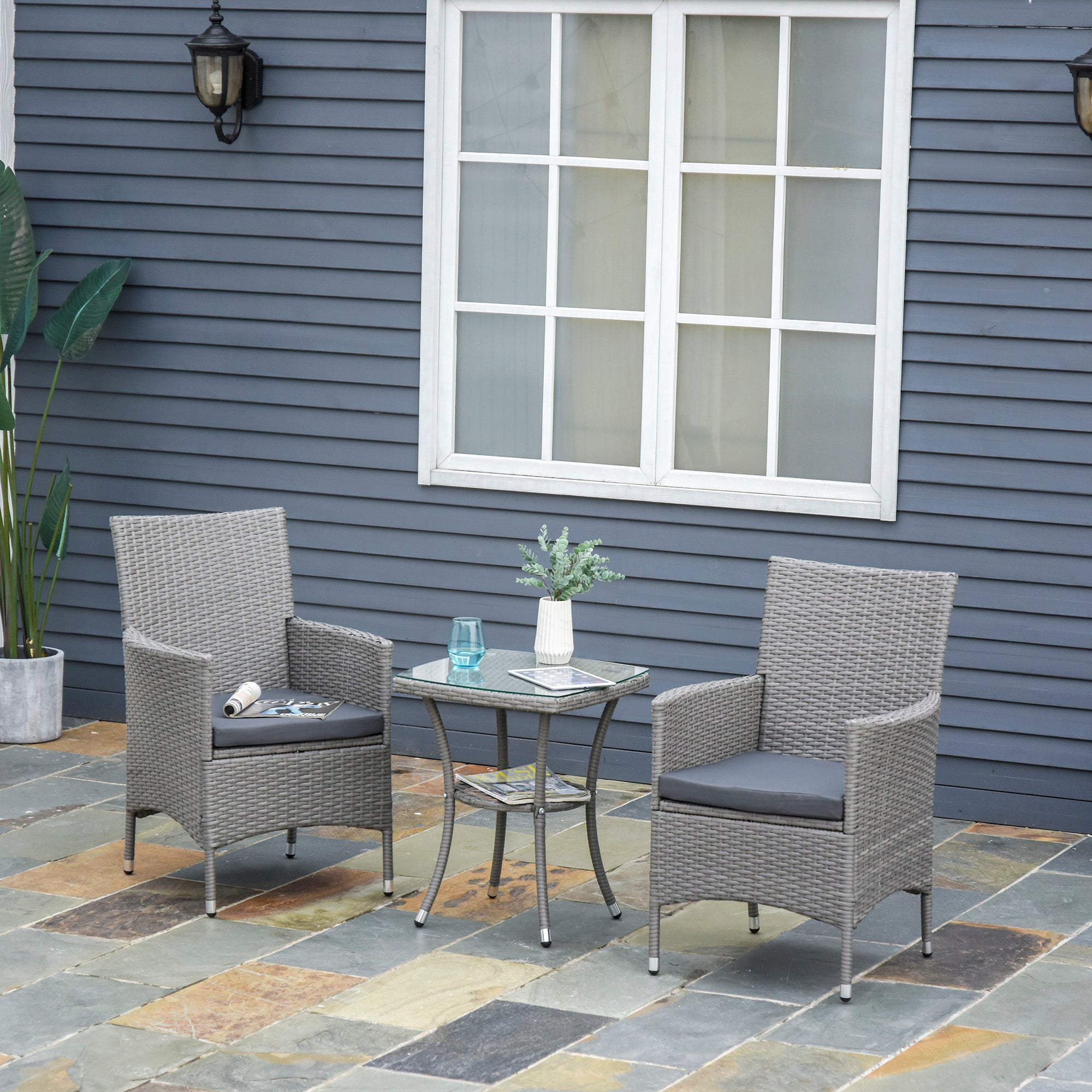 Poly Rattan Garden Furniture Set, Outdoor Lounge Balcony Furniture for 2 Persons, 3-Piece Seating Group, 2 Chairs, Table Seat Cushions, Garden Lounge for Garden, Terrace, Balcony, Gray