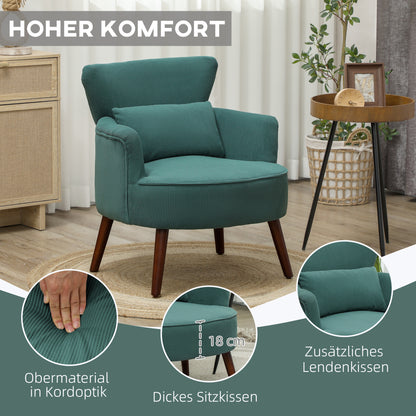 Armchair with Backrest, Rounded Armrests, Upholstered Lounge Chair with Corduroy Look, Wooden Legs, for Bedroom, Living Room, up to 120 kg, Dark Green