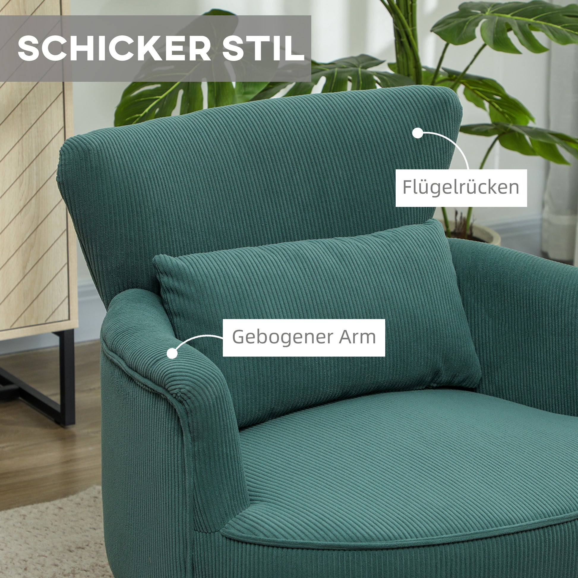 Armchair with Backrest, Rounded Armrests, Upholstered Lounge Chair with Corduroy Look, Wooden Legs, for Bedroom, Living Room, up to 120 kg, Dark Green