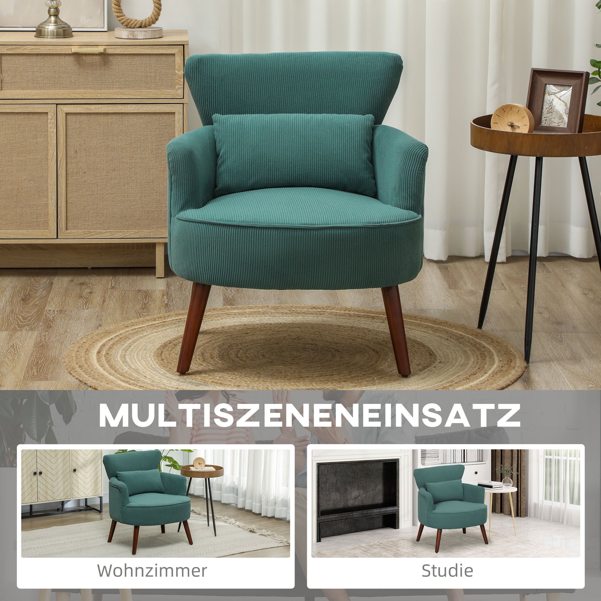 Armchair with Backrest, Rounded Armrests, Upholstered Lounge Chair with Corduroy Look, Wooden Legs, for Bedroom, Living Room, up to 120 kg, Dark Green