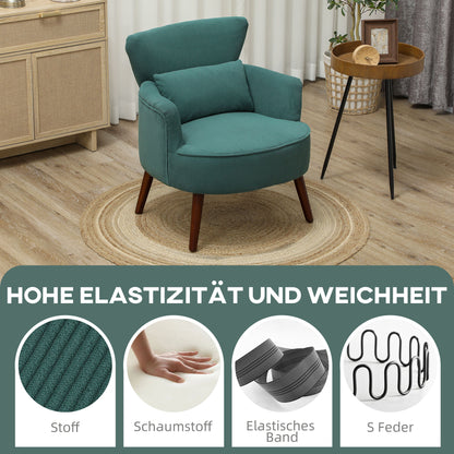 Armchair with Backrest, Rounded Armrests, Upholstered Lounge Chair with Corduroy Look, Wooden Legs, for Bedroom, Living Room, up to 120 kg, Dark Green
