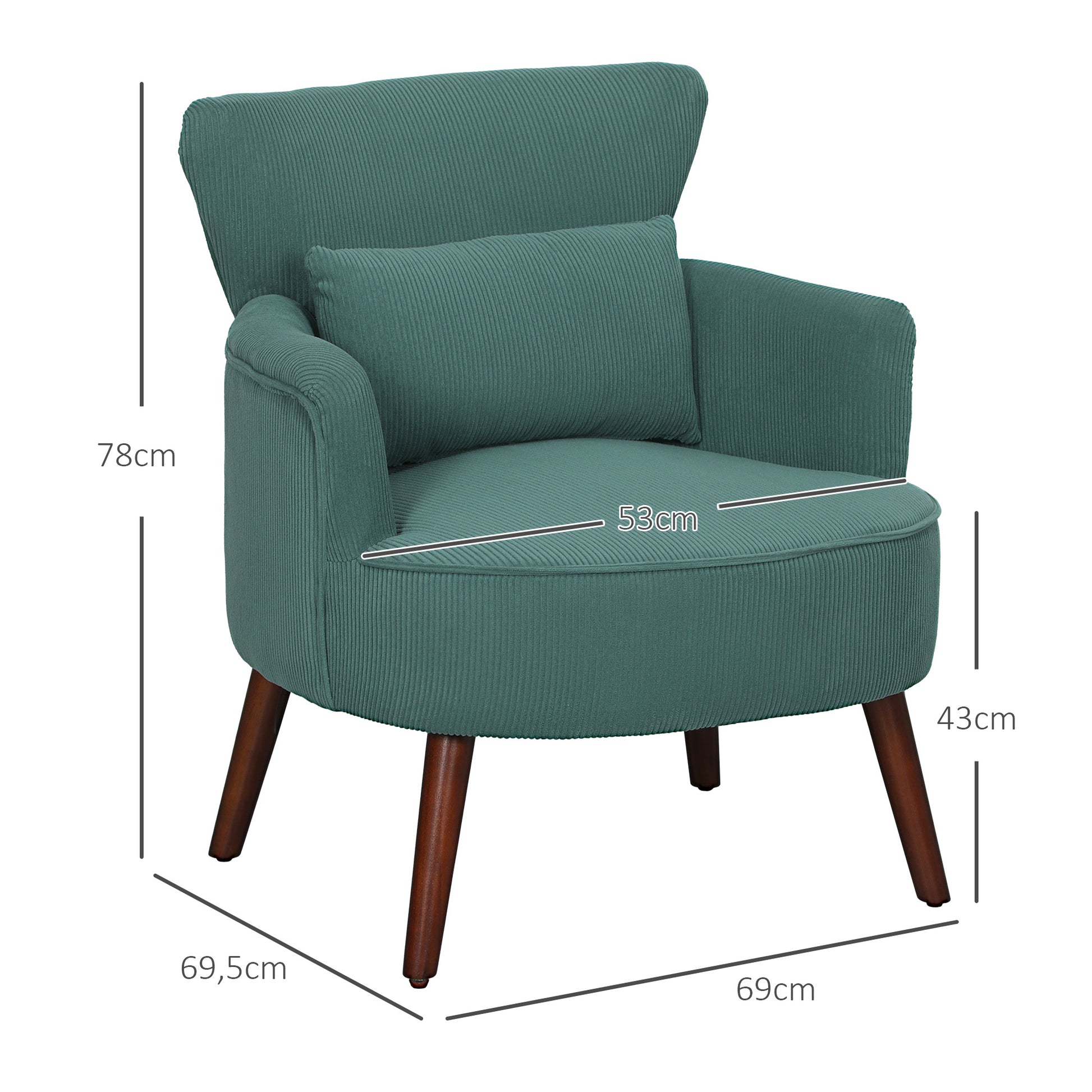 Armchair with Backrest, Rounded Armrests, Upholstered Lounge Chair with Corduroy Look, Wooden Legs, for Bedroom, Living Room, up to 120 kg, Dark Green