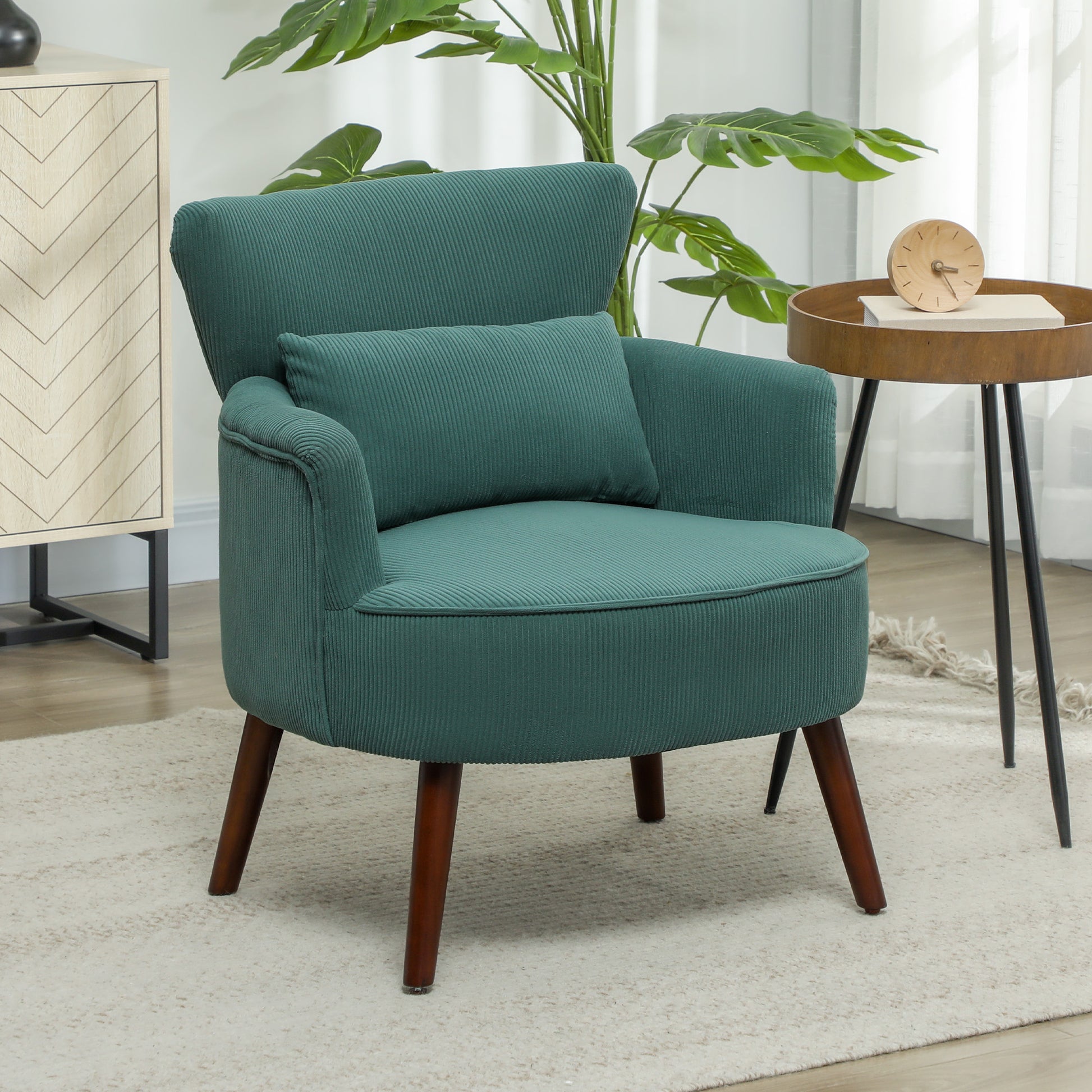 Armchair with Backrest, Rounded Armrests, Upholstered Lounge Chair with Corduroy Look, Wooden Legs, for Bedroom, Living Room, up to 120 kg, Dark Green