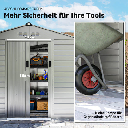 Galvanized Steel Tool Shed 2.43m² 213x131x192cm Easy Assembly Garden Storage Shed with Gable Roof, Lockable Sliding Door, Weatherproof Garden House, Outdoor Garden Shed for Outdoor Area, Grey