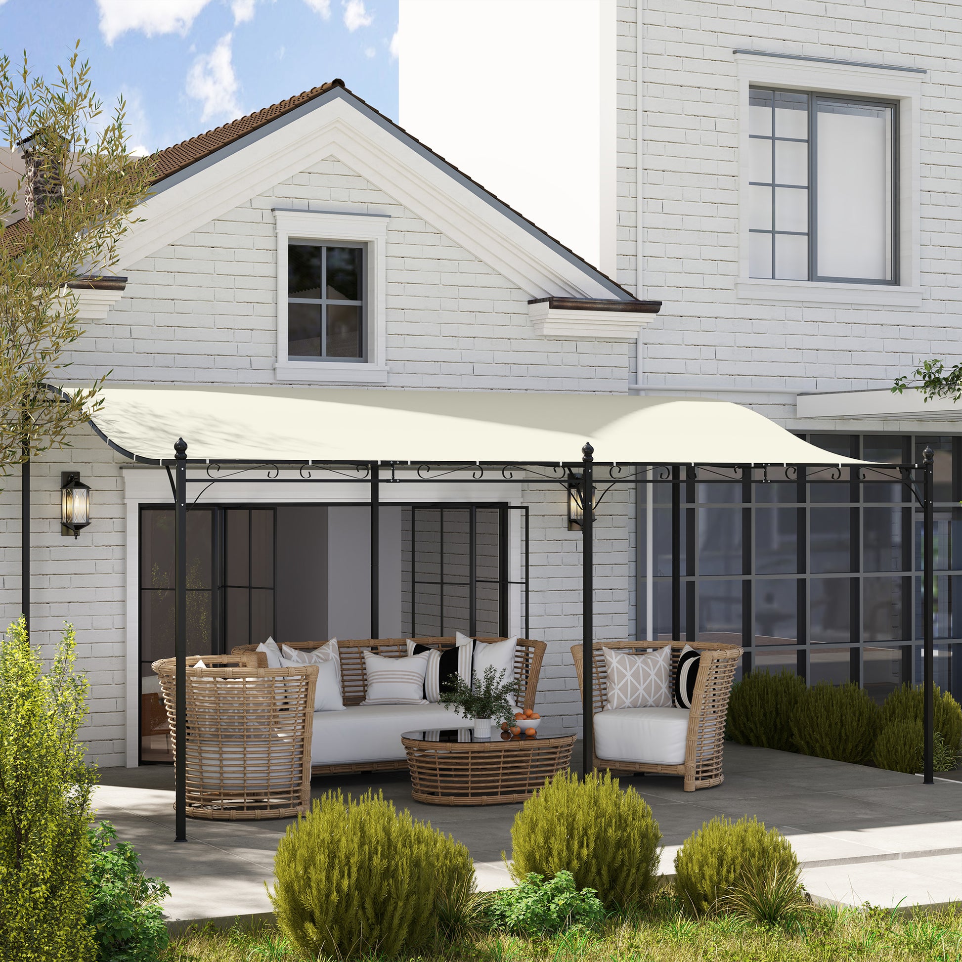 Lean-To Pergola with Roof, Water-Resistant Canopy Awning, Freestanding Garden Pavilion Patio Pavilion Canopy Sunshade for Patio Garden approx. 3x5x2.5 m Cream White