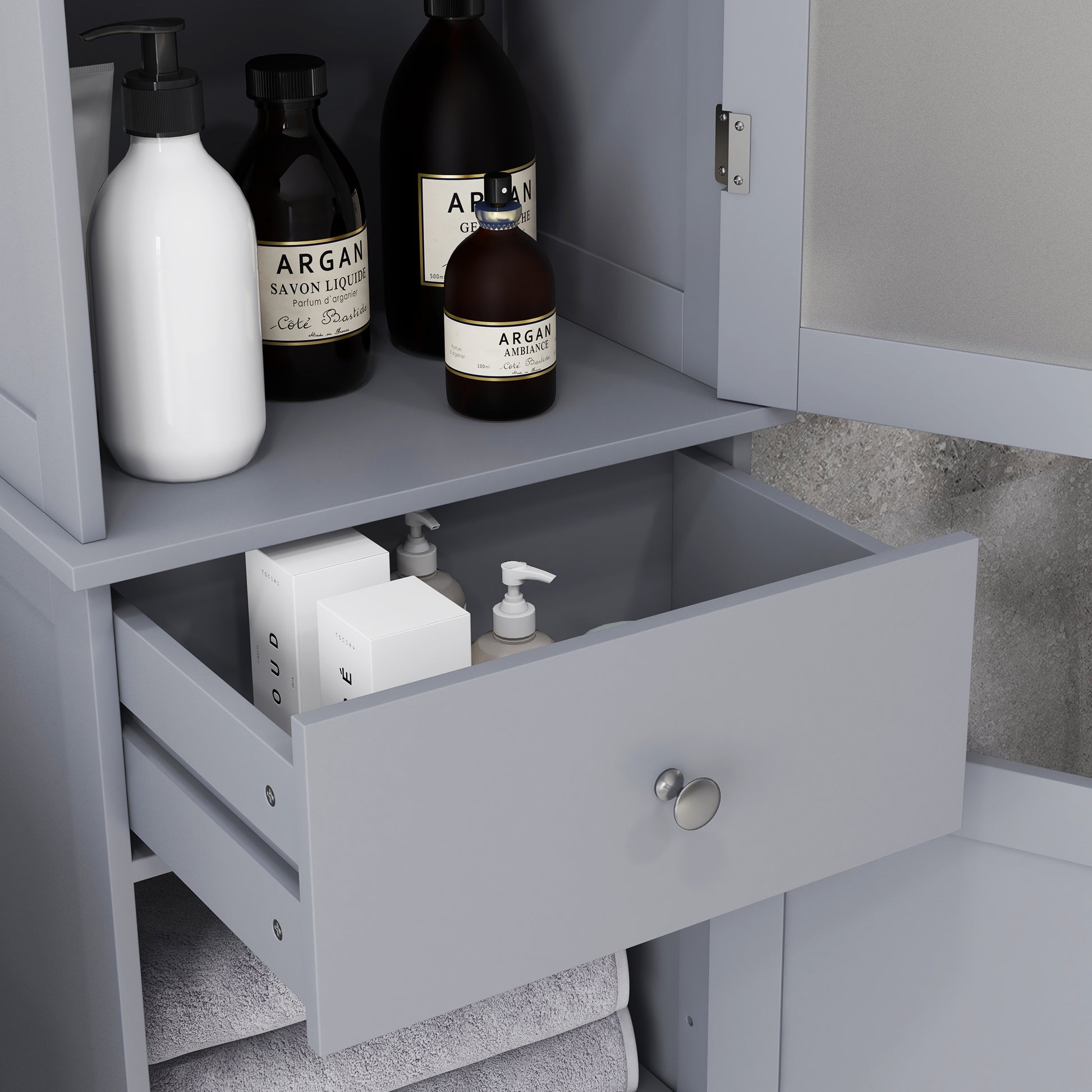 Modern Bathroom Column Cabinet Acrylic Door 2 Shelves Cabinet Door 1 Shelf Drawer MDF Gray