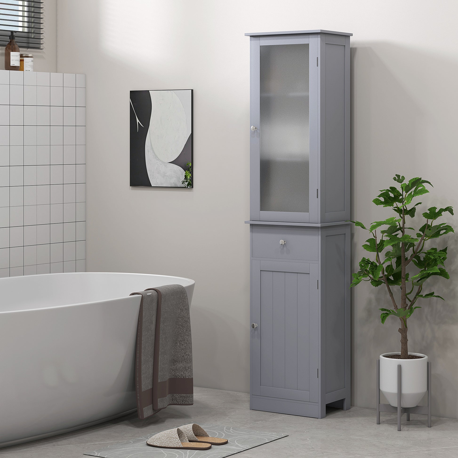 Modern Bathroom Column Cabinet Acrylic Door 2 Shelves Cabinet Door 1 Shelf Drawer MDF Gray