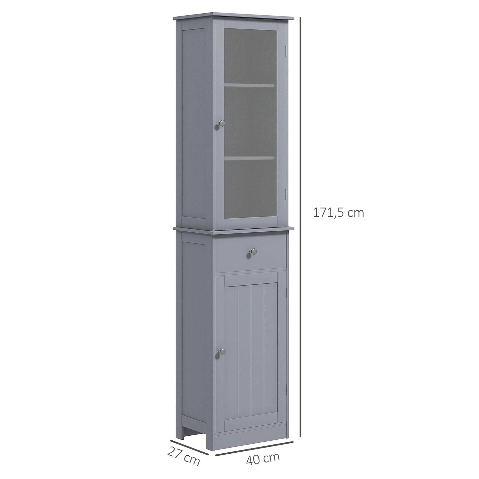Modern Bathroom Column Cabinet Acrylic Door 2 Shelves Cabinet Door 1 Shelf Drawer MDF Gray