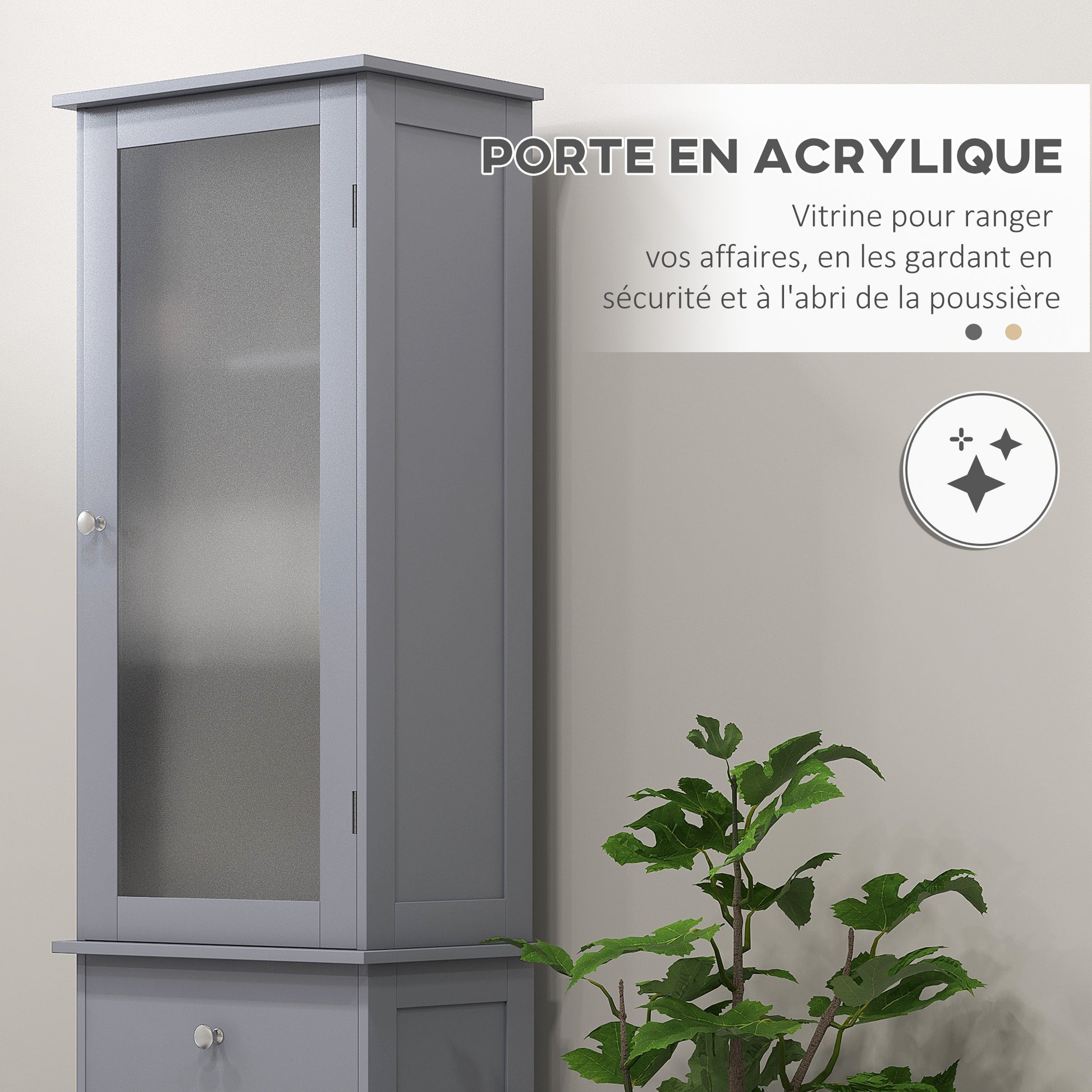 Modern Bathroom Column Cabinet Acrylic Door 2 Shelves Cabinet Door 1 Shelf Drawer MDF Gray
