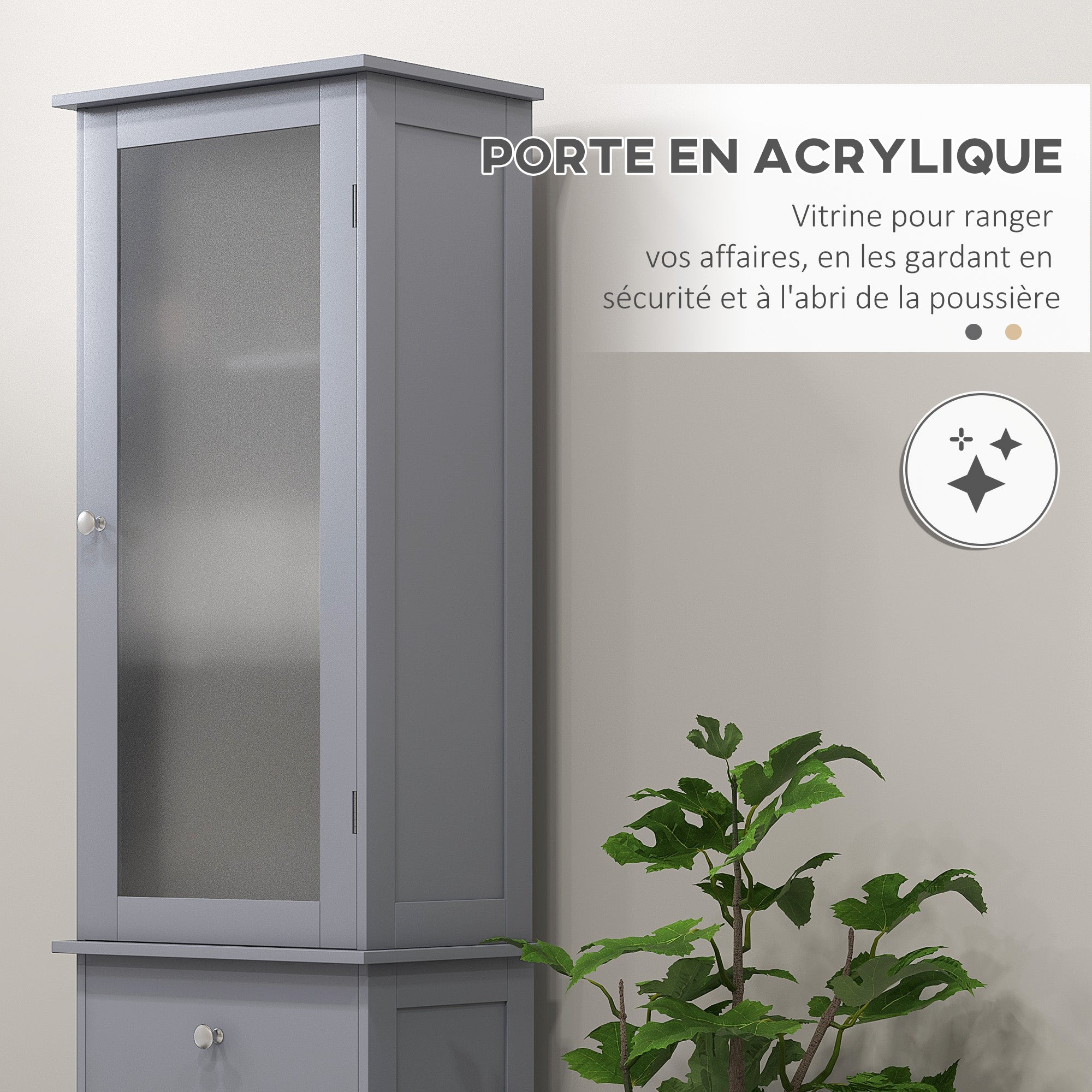 Modern Bathroom Column Cabinet Acrylic Door 2 Shelves Cabinet Door 1 Shelf Drawer MDF Gray