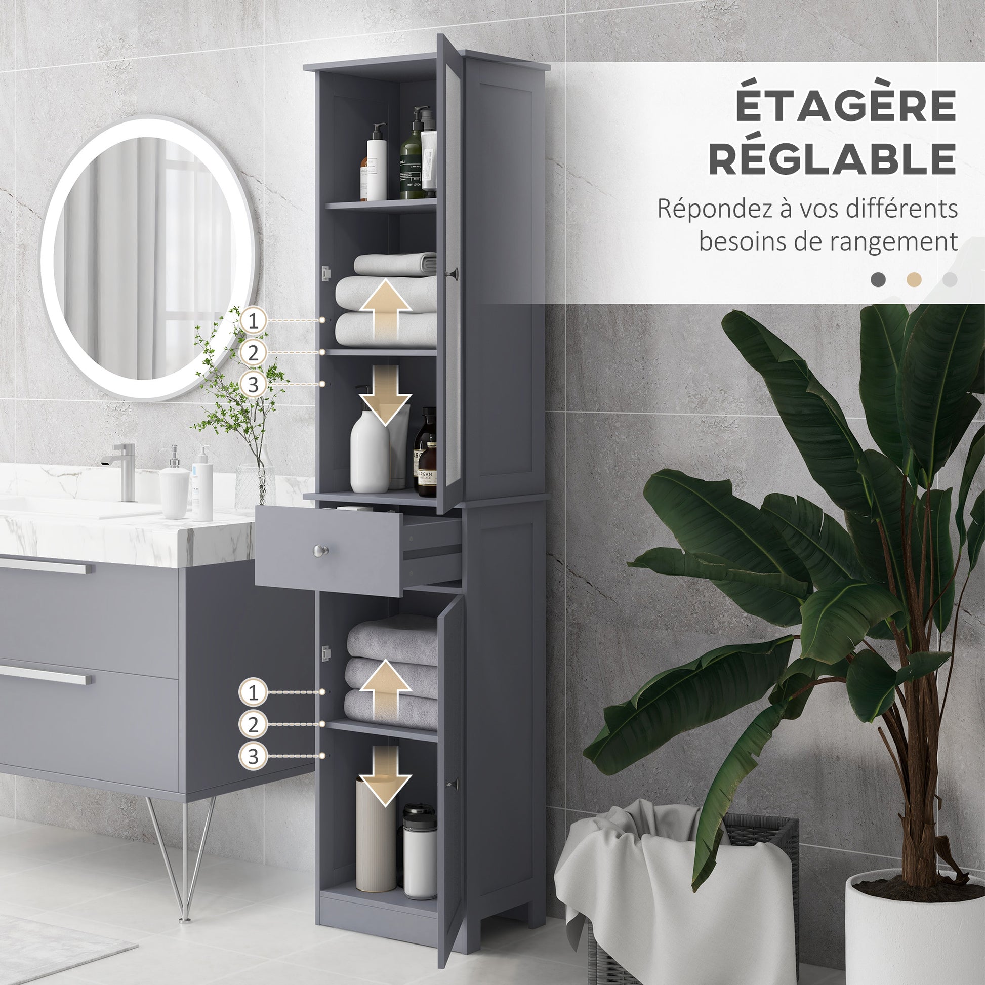 Modern Bathroom Column Cabinet Acrylic Door 2 Shelves Cabinet Door 1 Shelf Drawer MDF Gray