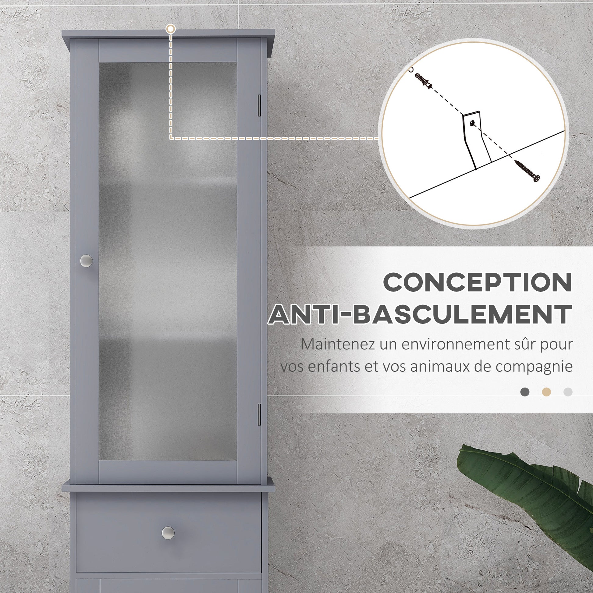 Modern Bathroom Column Cabinet Acrylic Door 2 Shelves Cabinet Door 1 Shelf Drawer MDF Gray
