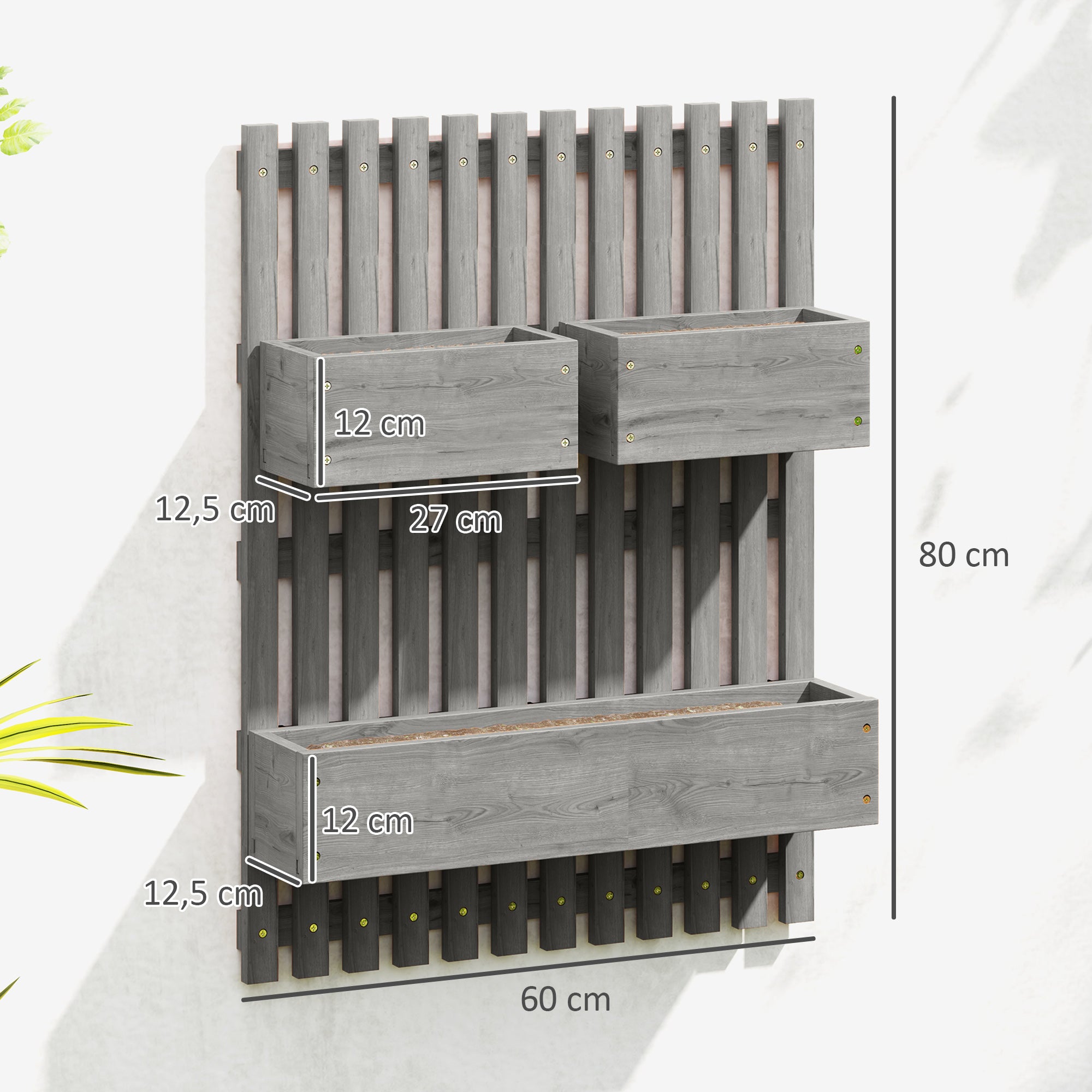 Wall-Mounted Vertical Planter — 3 Removable Fir Wood Boxes with Non-Woven Liners, 60 x 16 x 80 cm (Gray)