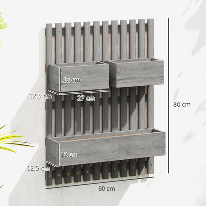 Wall-Mounted Vertical Planter — 3 Removable Fir Wood Boxes with Non-Woven Liners, 60 x 16 x 80 cm (Gray)
