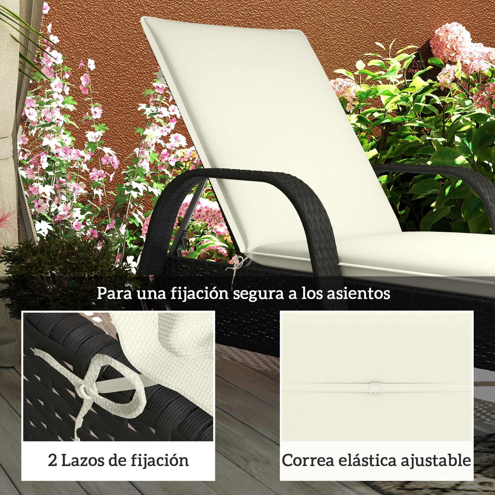 Pack of 2 Cushions for Folding Sun Loungers Garden Lounger Pads Outdoor 193x58x6 cm with UV Protection Splash-Resistant Cream Straps