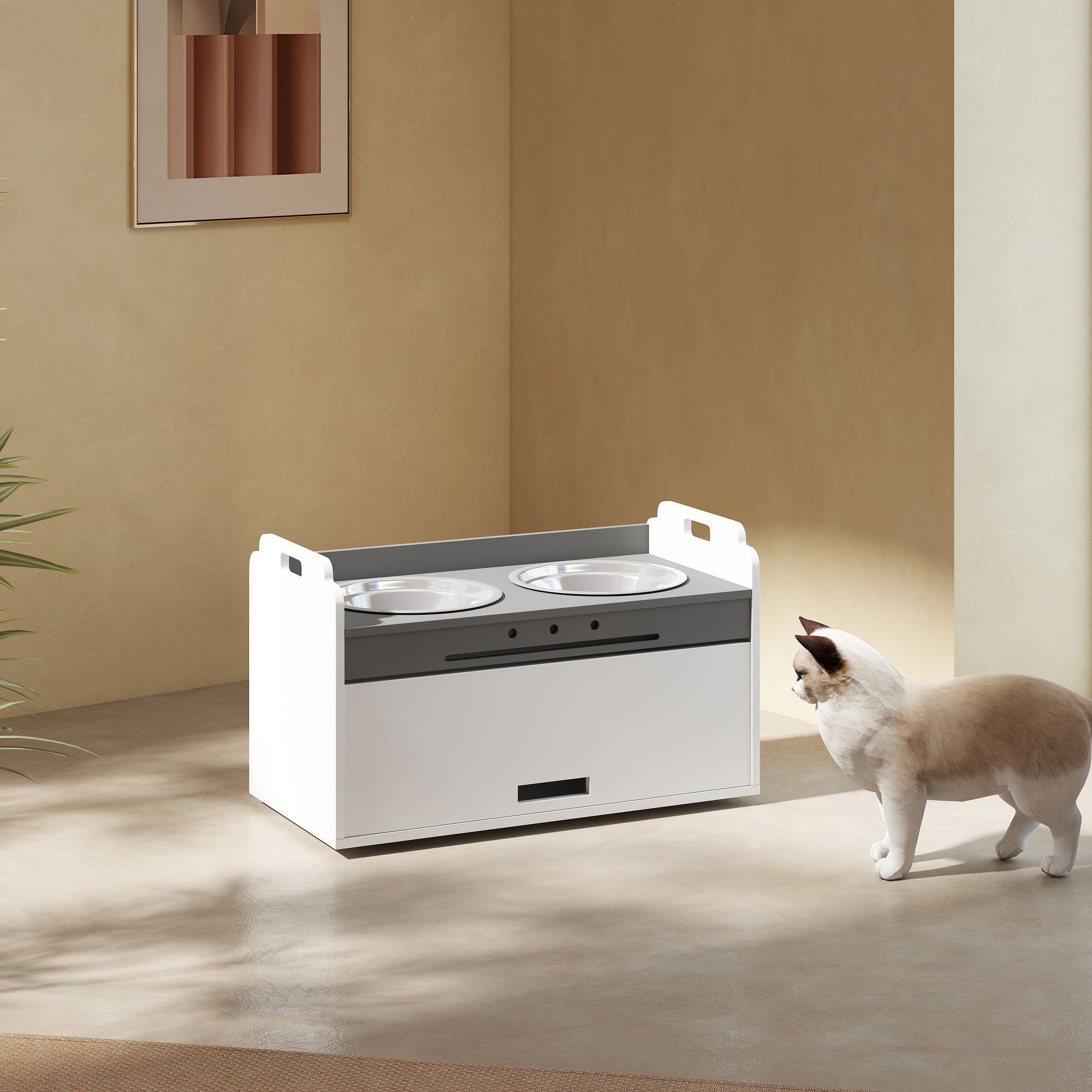 Elevated Dog Feeder with Storage Cabinet, 2 Stainless Steel Bowls (Includes Slow-Feed), Anti-Slip Station for Large Dogs, White