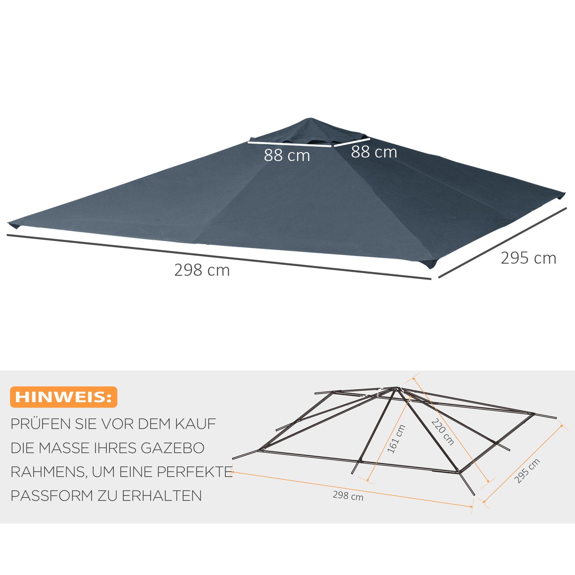 Garden Gazebo Canopy Cover for approx. 3 x 3 m Gazebo, Water-Resistant, Replacement Canopy, Gazebo Cover, Sun Protection, 8 Water Drainage Holes, Polyester, Dark Gray