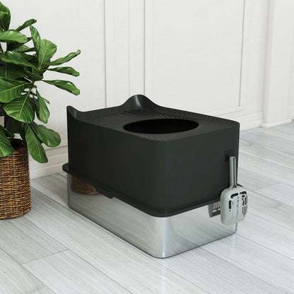 XXL Stainless Steel Cat Litter Box, 65L Large Capacity, Cat Toilet House, with Scoop and Non-Slip Feet, Easy to Clean, 60 x 40 x 38 cm, Black