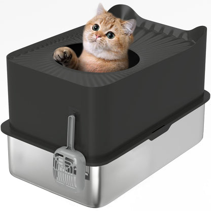 XXL Stainless Steel Cat Litter Box, 65L Large Capacity, Cat Toilet House, with Scoop and Non-Slip Feet, Easy to Clean, 60 x 40 x 38 cm, Black