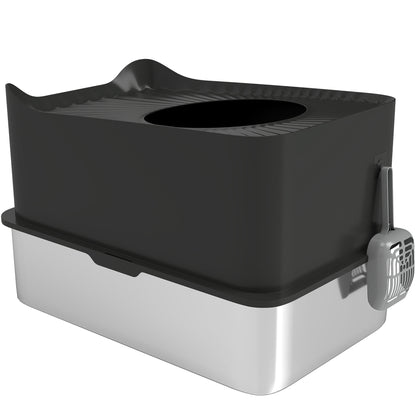 XXL Stainless Steel Cat Litter Box, 65L Large Capacity, Cat Toilet House, with Scoop and Non-Slip Feet, Easy to Clean, 60 x 40 x 38 cm, Black