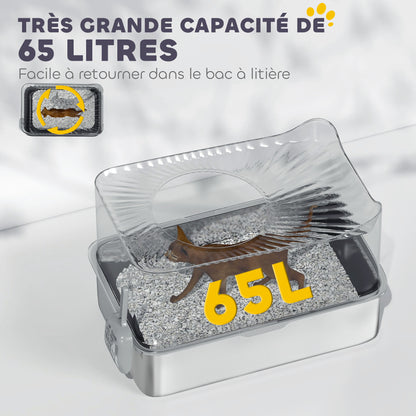 XXL Stainless Steel Cat Litter Box, 65L Large Capacity, Cat Toilet House, with Scoop and Non-Slip Feet, Easy to Clean, 60 x 40 x 38 cm, Black