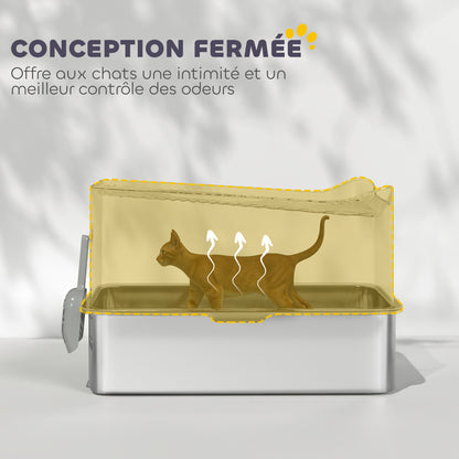 XXL Stainless Steel Cat Litter Box, 65L Large Capacity, Cat Toilet House, with Scoop and Non-Slip Feet, Easy to Clean, 60 x 40 x 38 cm, Black