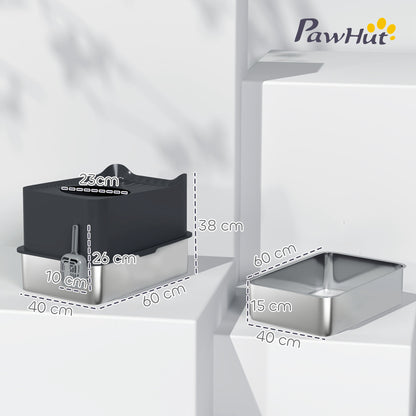 XXL Stainless Steel Cat Litter Box, 65L Large Capacity, Cat Toilet House, with Scoop and Non-Slip Feet, Easy to Clean, 60 x 40 x 38 cm, Black